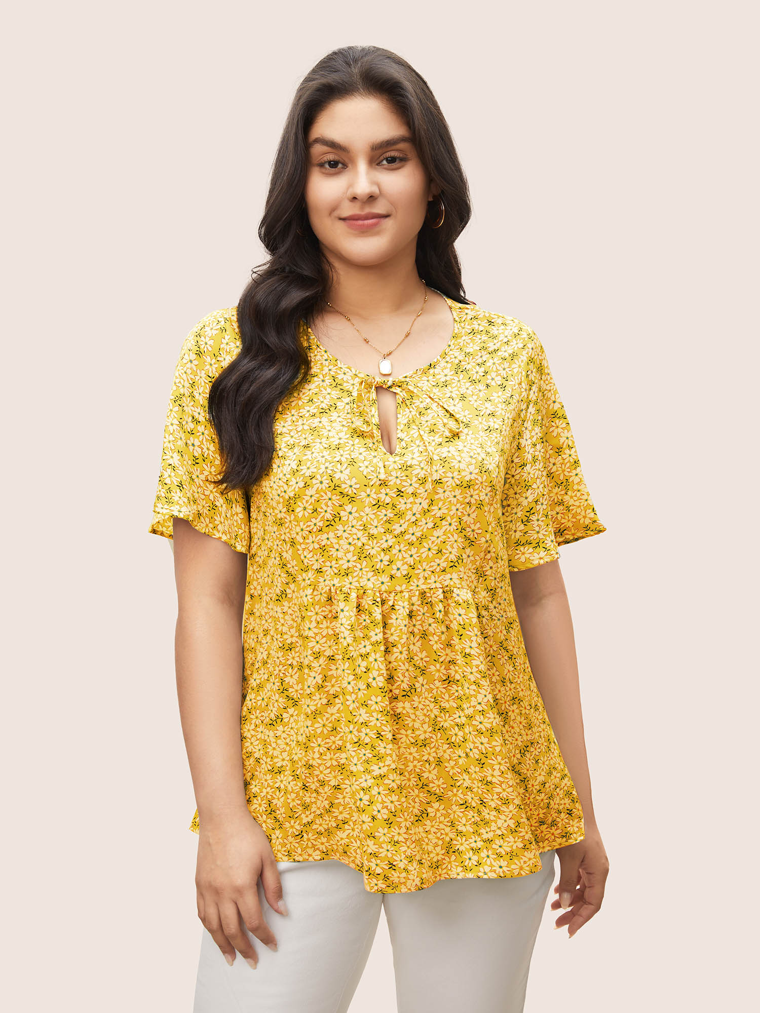 

Plus Size Yellow Ditsy Floral Ruffle Sleeve Gathered Ties Blouse Women Elegant Short sleeve Ribbon-tied collar Everyday Blouses BloomChic