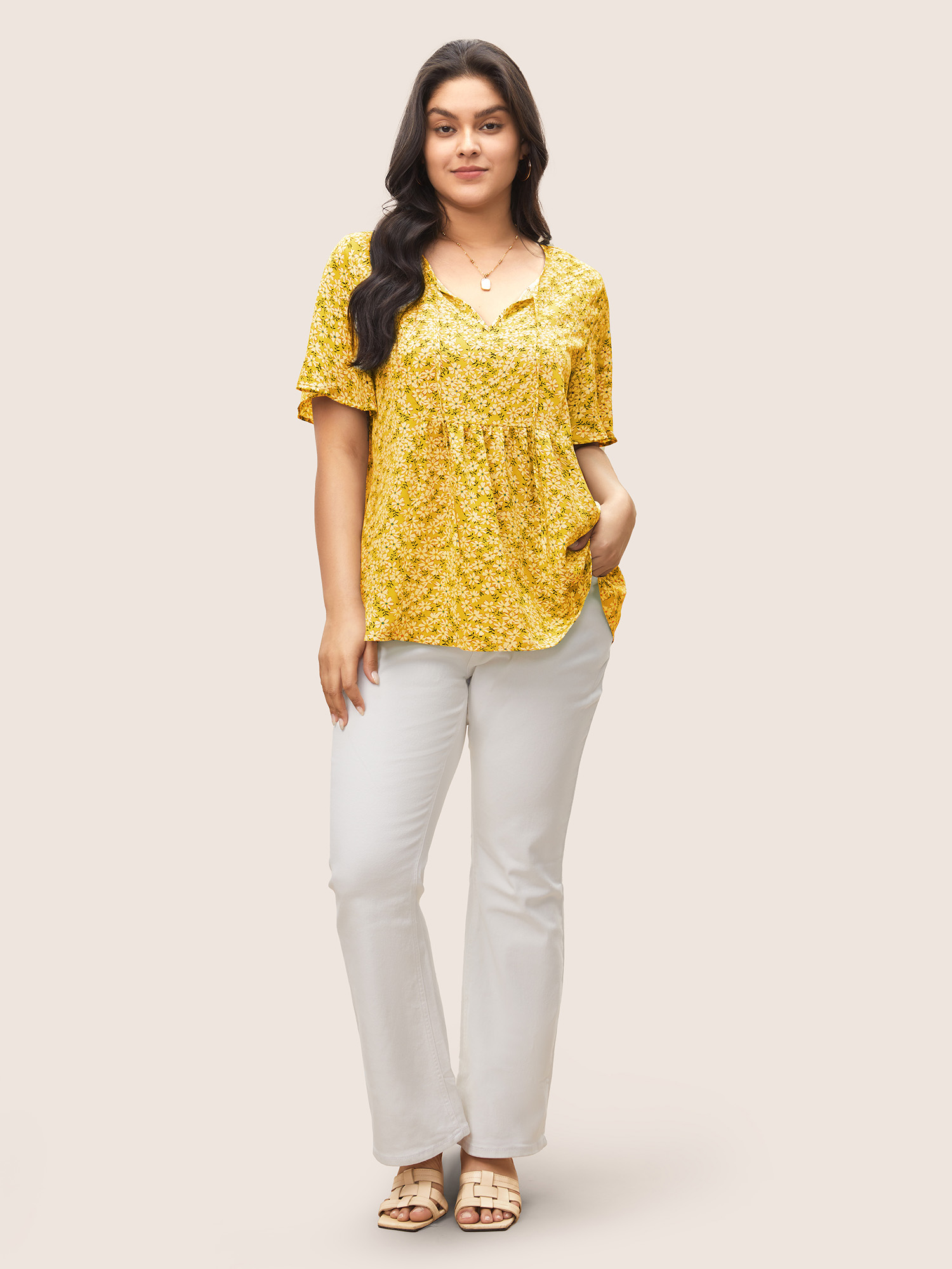 

Plus Size Yellow Ditsy Floral Ruffle Sleeve Gathered Ties Blouse Women Elegant Short sleeve Ribbon-tied collar Everyday Blouses BloomChic