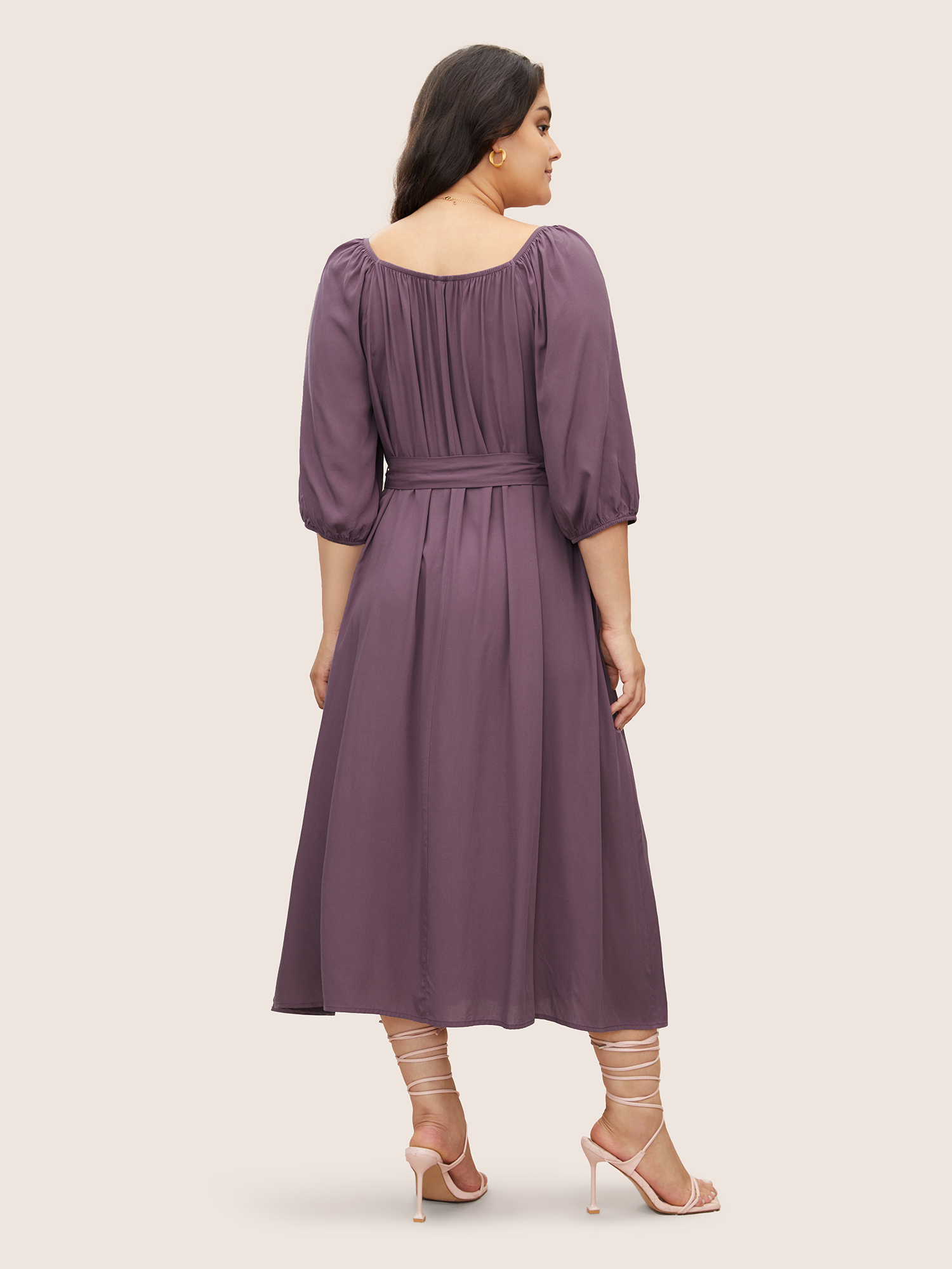 

Plus Size Solid Notched Puff Sleeve Belted Flutter Hem Dress Mauve Women Cross straps Notched collar Half Sleeve Curvy Midi Dress BloomChic