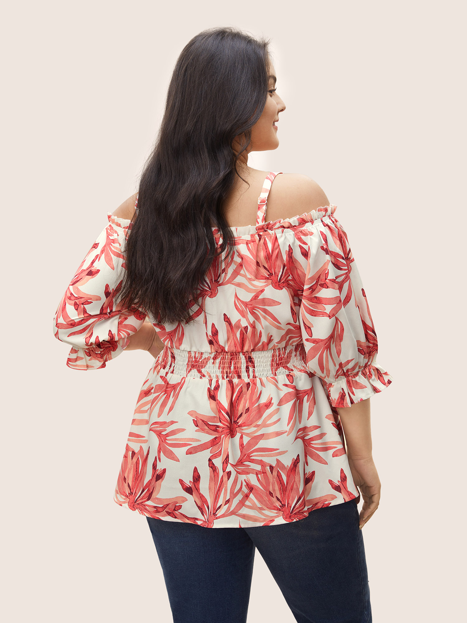 

Plus Size Watermelon Tropical Print One Shoulder Neck Shirred Blouse Women Resort Half Sleeve One-shoulder neck Vacation Blouses BloomChic