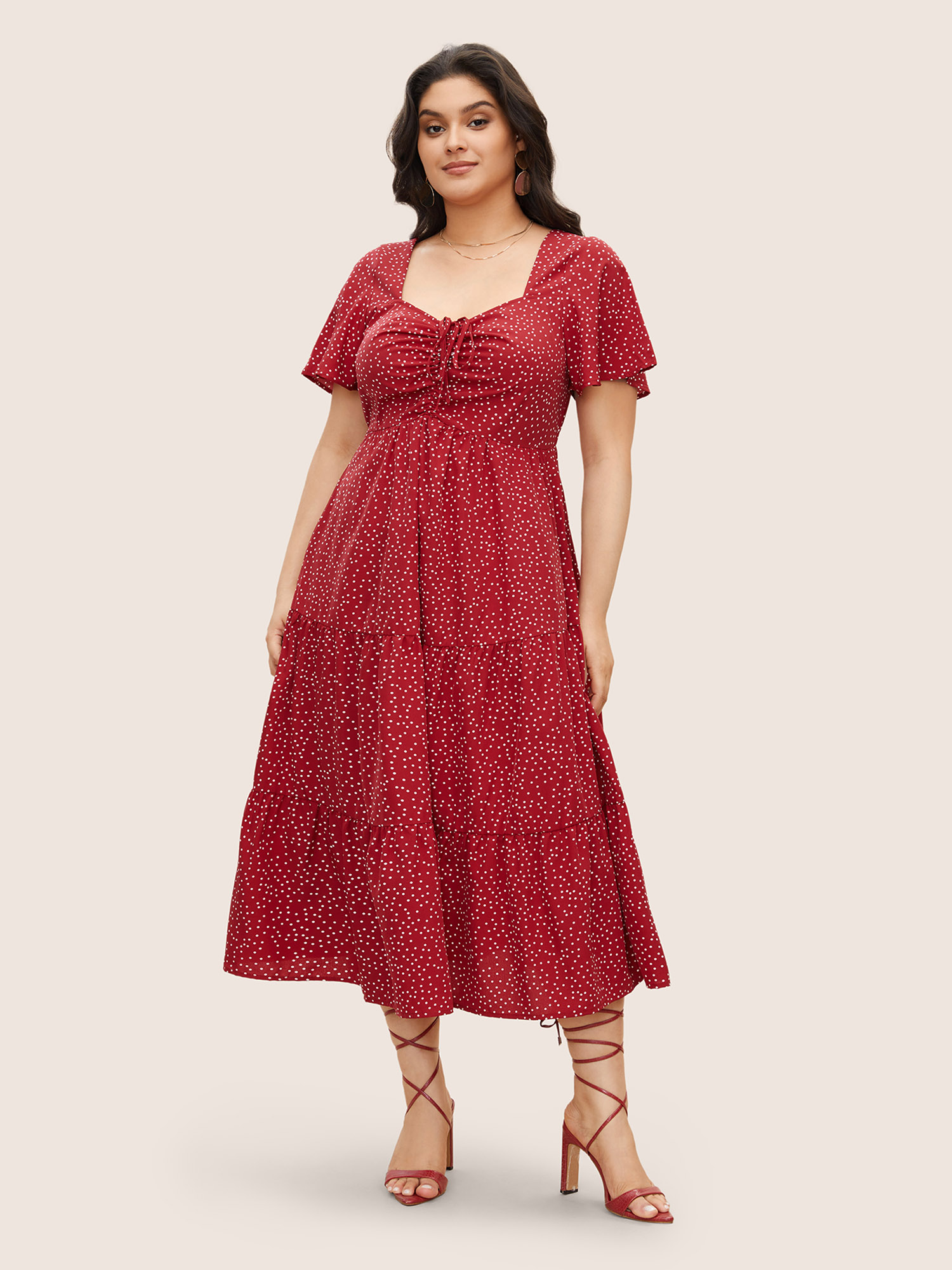 

Plus Size Polka Dot Drawstring Ruffle Tiered Ruched Pocket Midi Dress Red Women Non Curvy Midi Dress BloomChic