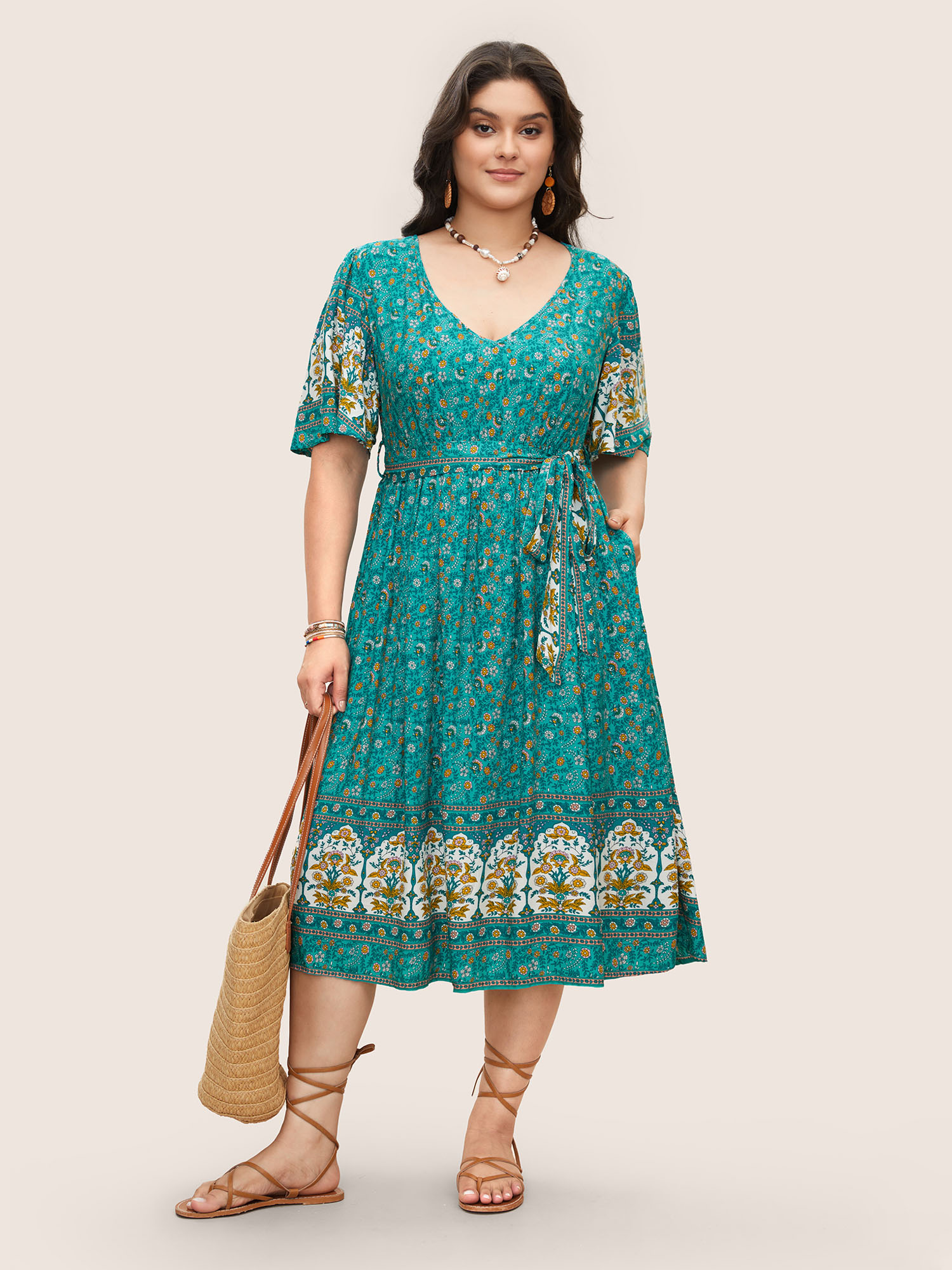 

Plus Size Bandana Print V Neck Pocket Ruffles Belted Midi Dress Aquamarine Women Resort Non V-neck Short sleeve Curvy Midi Dress BloomChic