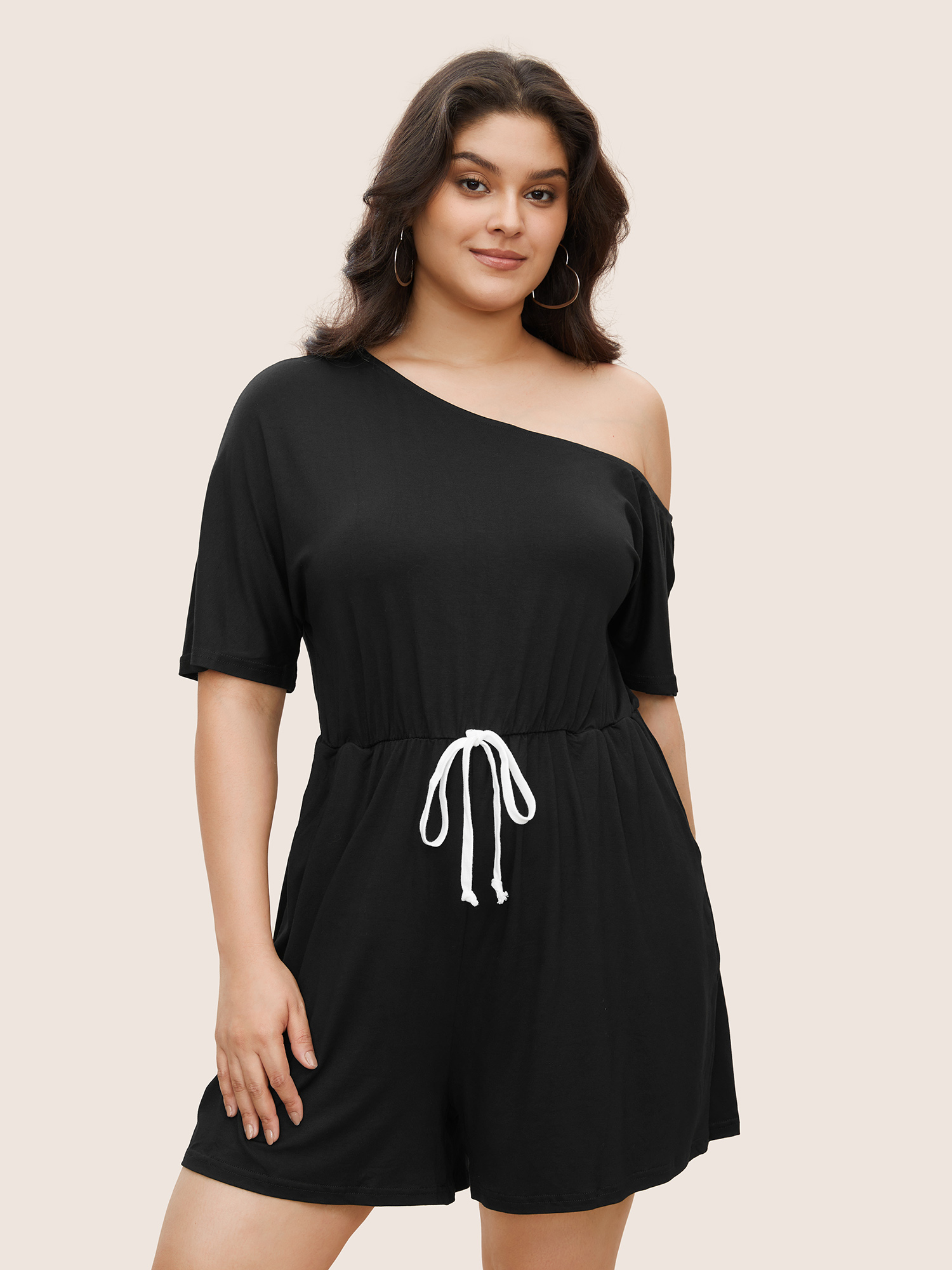 

Plus Size Black Solid Knotted Front Pocket One Shoulder Romper Women Casual Short sleeve Non Everyday Loose Jumpsuits BloomChic