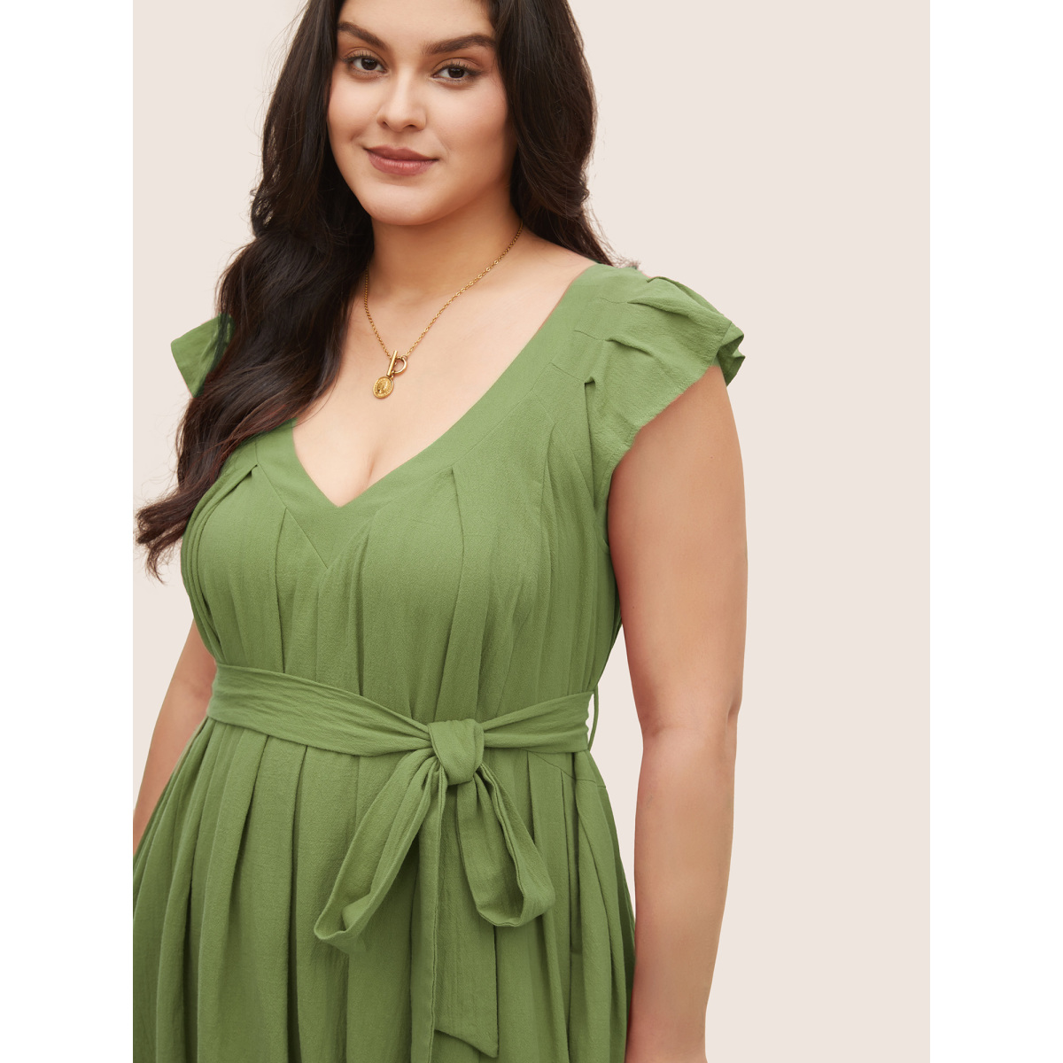 

Plus Size Solid Flounce Sleeve Plicated Detail A Line Dress Sage Women Non V-neck Cap Sleeve Curvy BloomChic