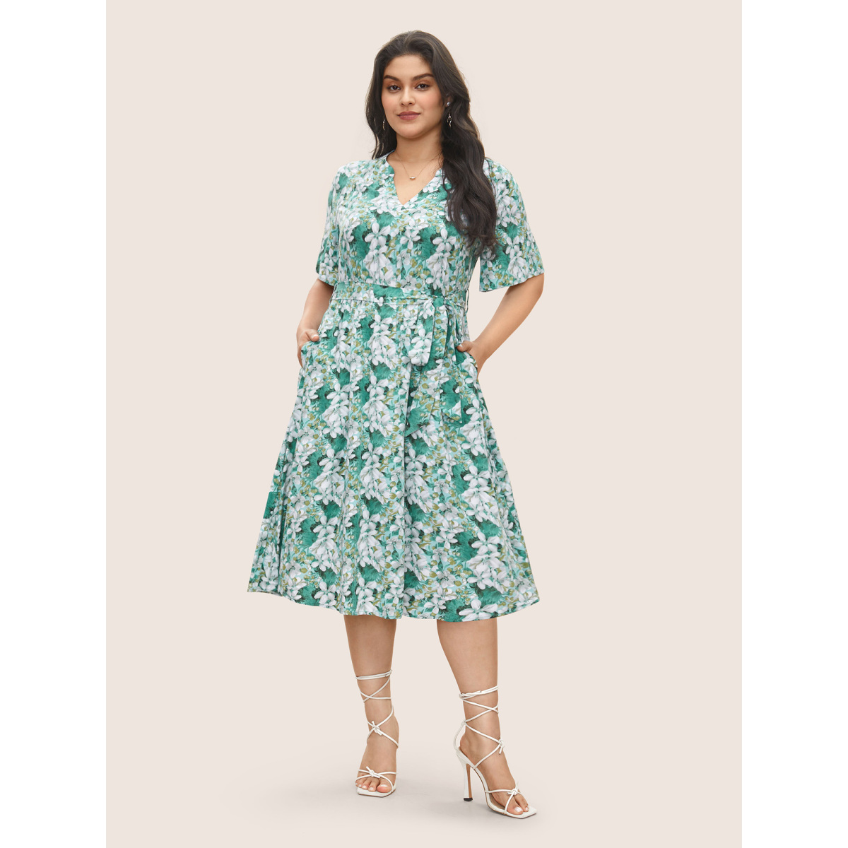 

Plus Size Floral Print Notched Belted Midi Dress Turquoise Women Belted Curvy Midi Dress BloomChic