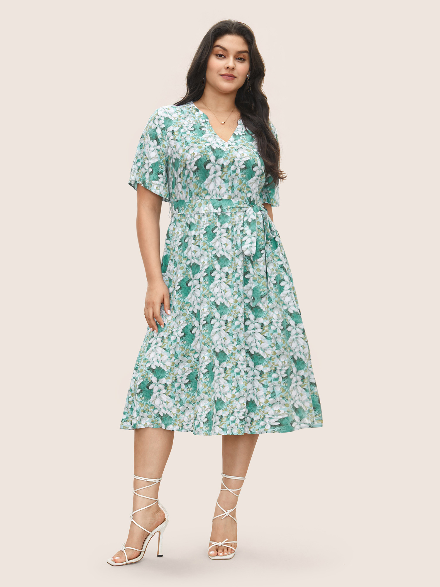 

Plus Size Floral Print Notched Belted Midi Dress Turquoise Women Belted Curvy Midi Dress BloomChic
