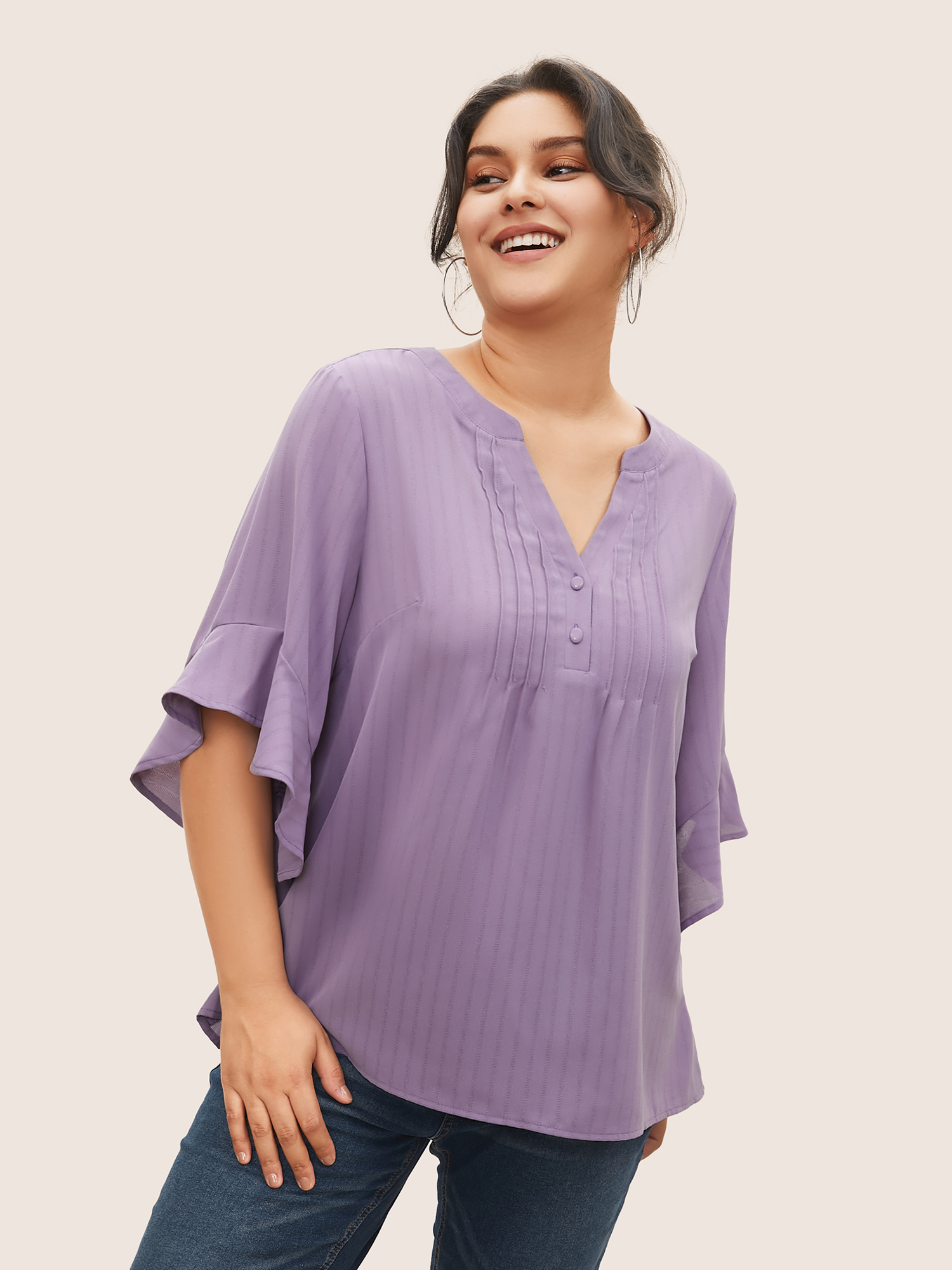 

Plus Size Mauve Plain Tucked Seam Button Up Flutter Sleeve Blouse Women Work From Home Half Sleeve Flat collar Work Blouses BloomChic