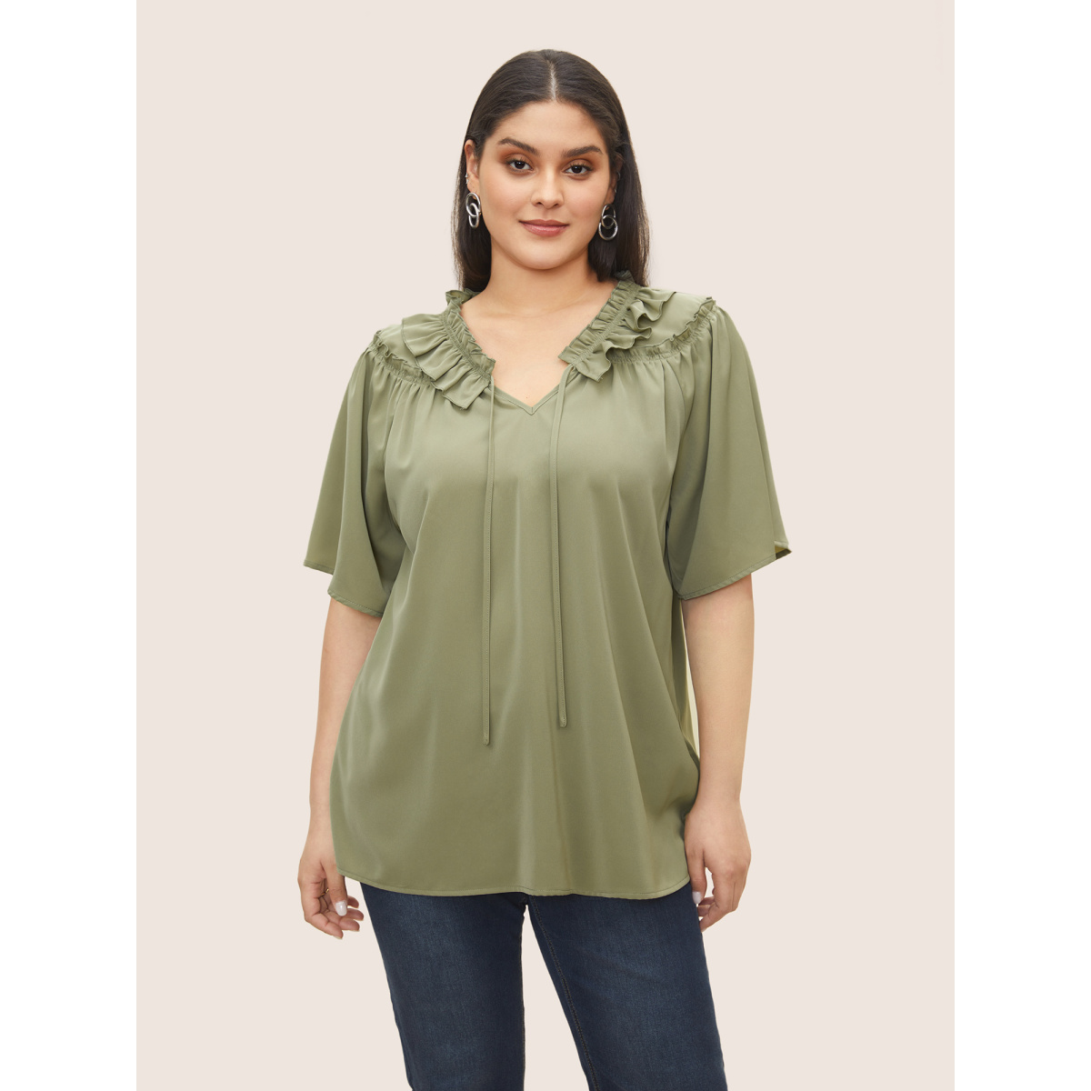 

Plus Size Sage Anti-Wrinkle Plain Frill Trim Gathered Blouse Women At the Office Short sleeve V-neck Work Blouses BloomChic