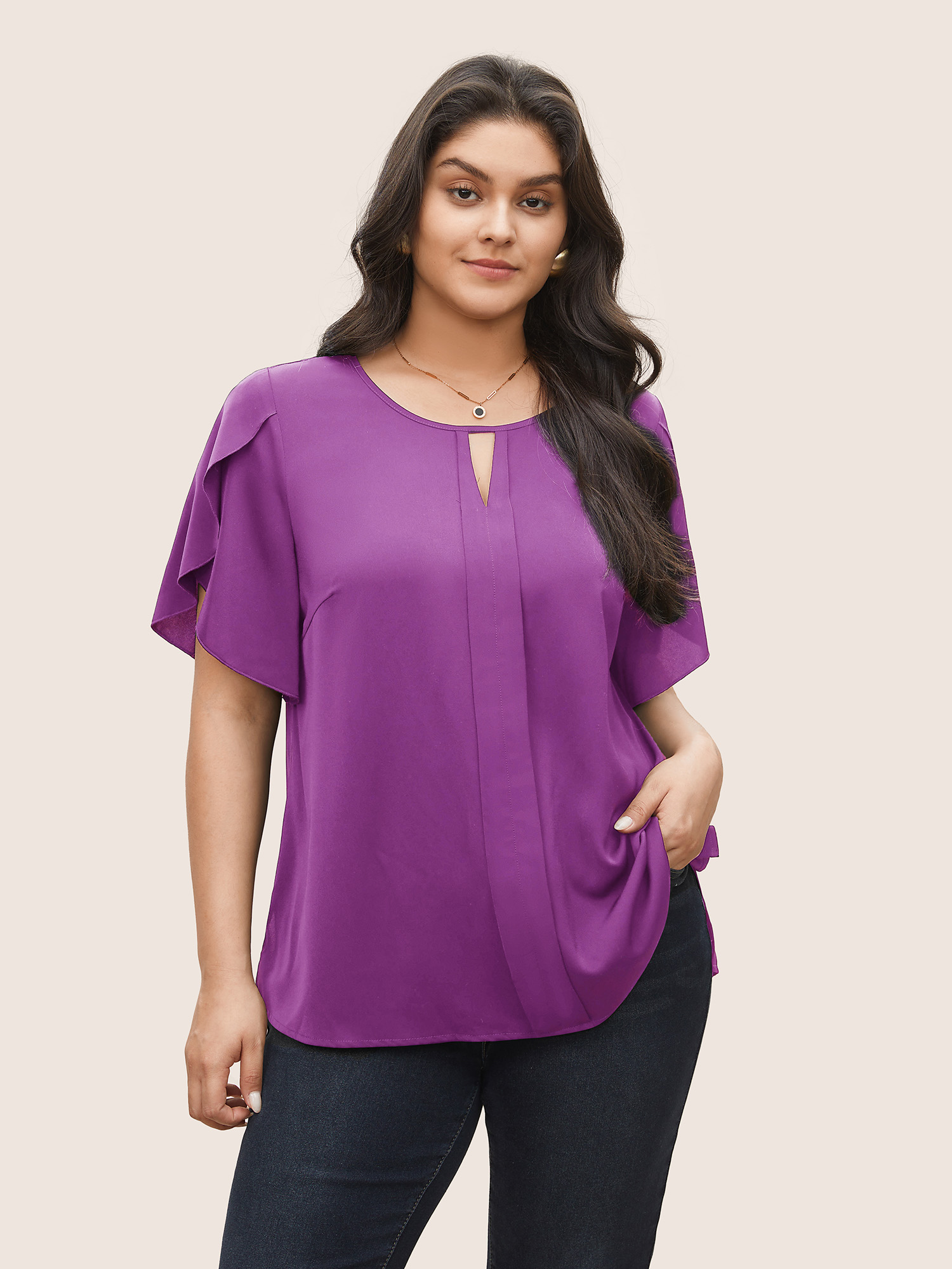 

Plus Size Purple Solid Keyhole Petal Sleeve Pleated Blouse Women Work From Home Short sleeve Notched collar Work Blouses BloomChic