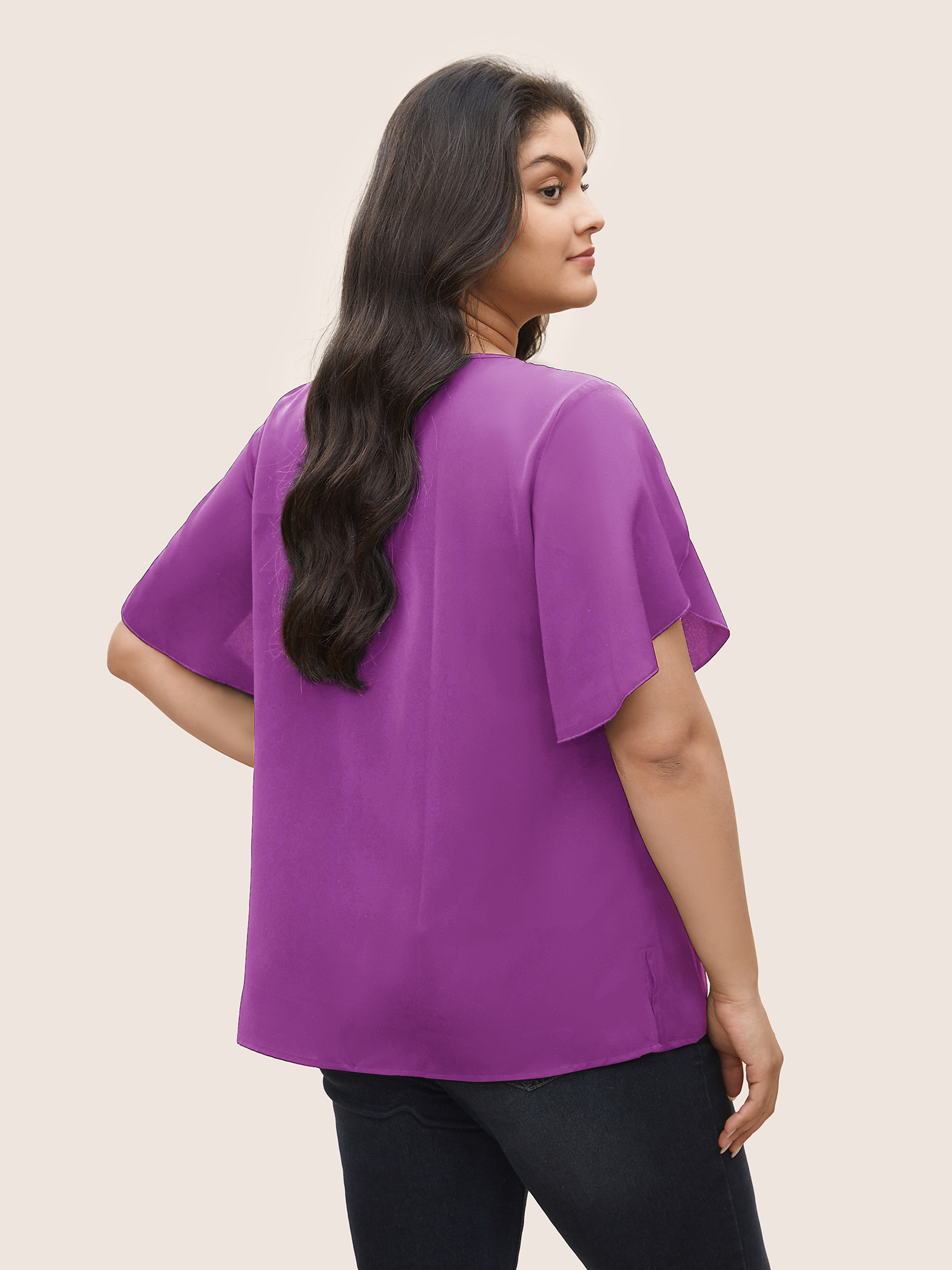 

Plus Size Purple Anti-Wrinkle Solid Keyhole Petal Sleeve Blouse Women Work From Home Short sleeve Notched collar Work Blouses BloomChic