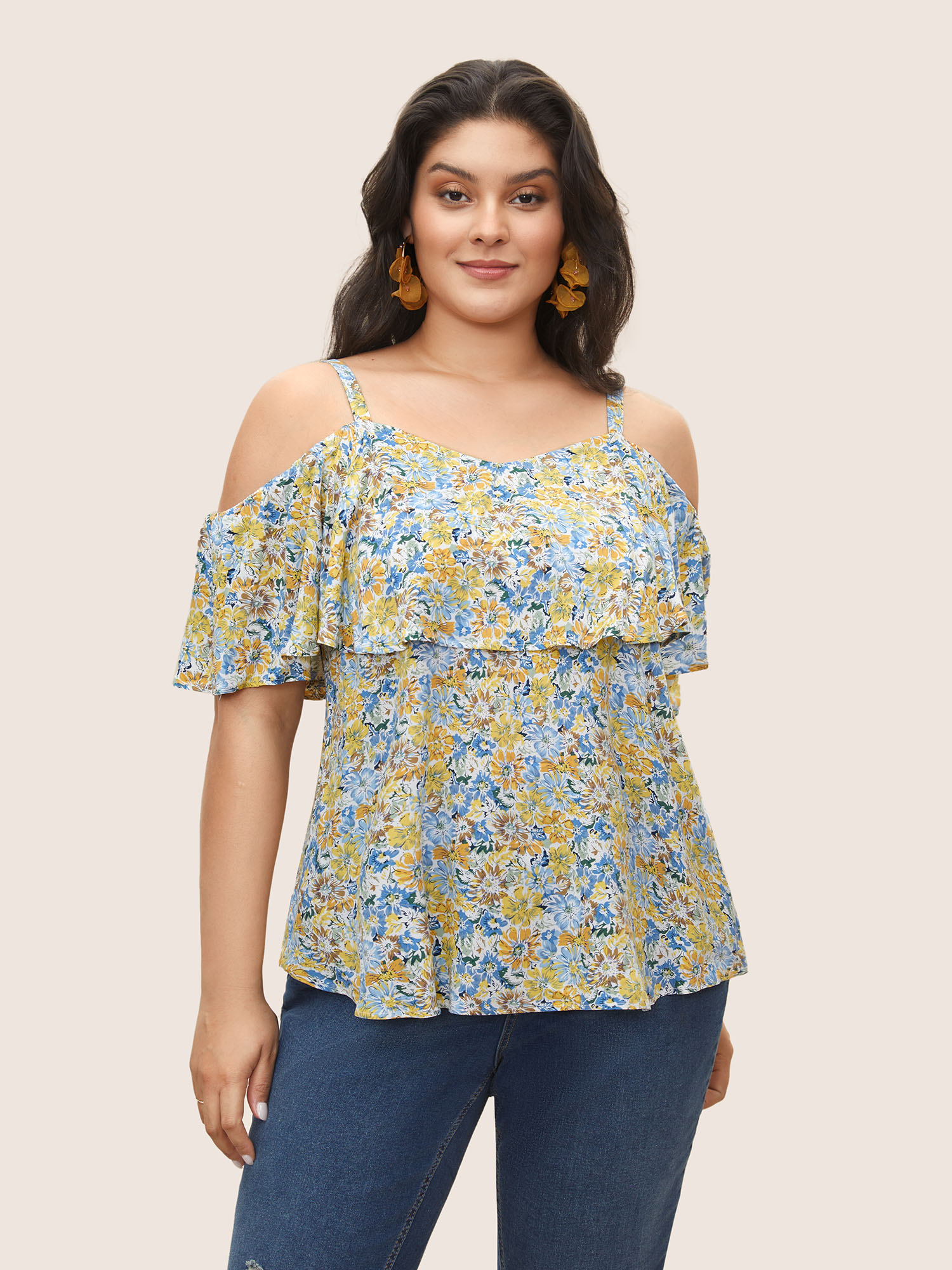 

Plus Size Blue Floral One Shoulder Neck Adjustable Straps Blouse Women Resort Short sleeve One-shoulder neck Vacation Blouses BloomChic