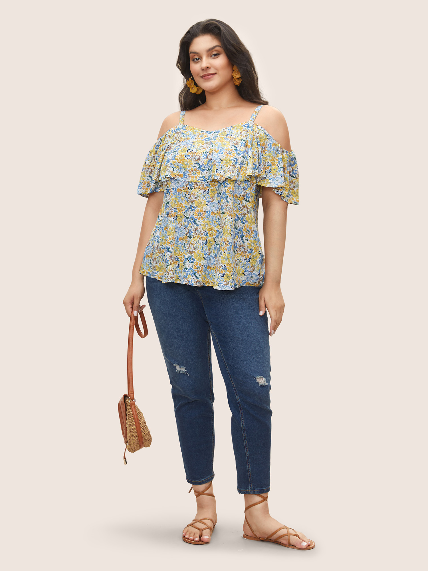 Plus Size Blue Floral One Shoulder Neck Adjustable Straps Blouse Women Resort Short sleeve One-shoulder neck Vacation Blouses BloomChic 14-16/1X 