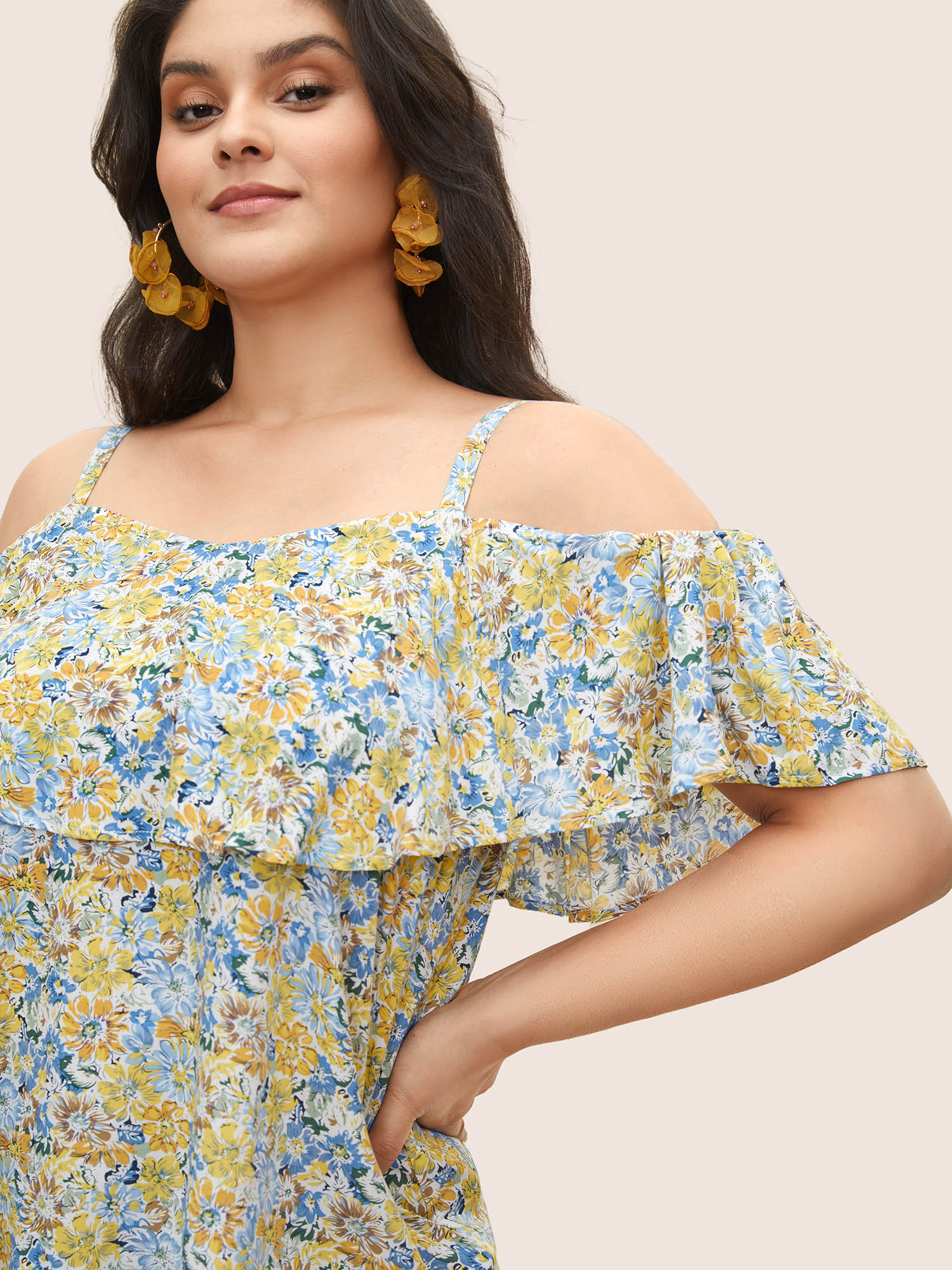 Plus Size Blue Floral One Shoulder Neck Adjustable Straps Blouse Women Resort Short sleeve One-shoulder neck Vacation Blouses BloomChic 14-16/1X 