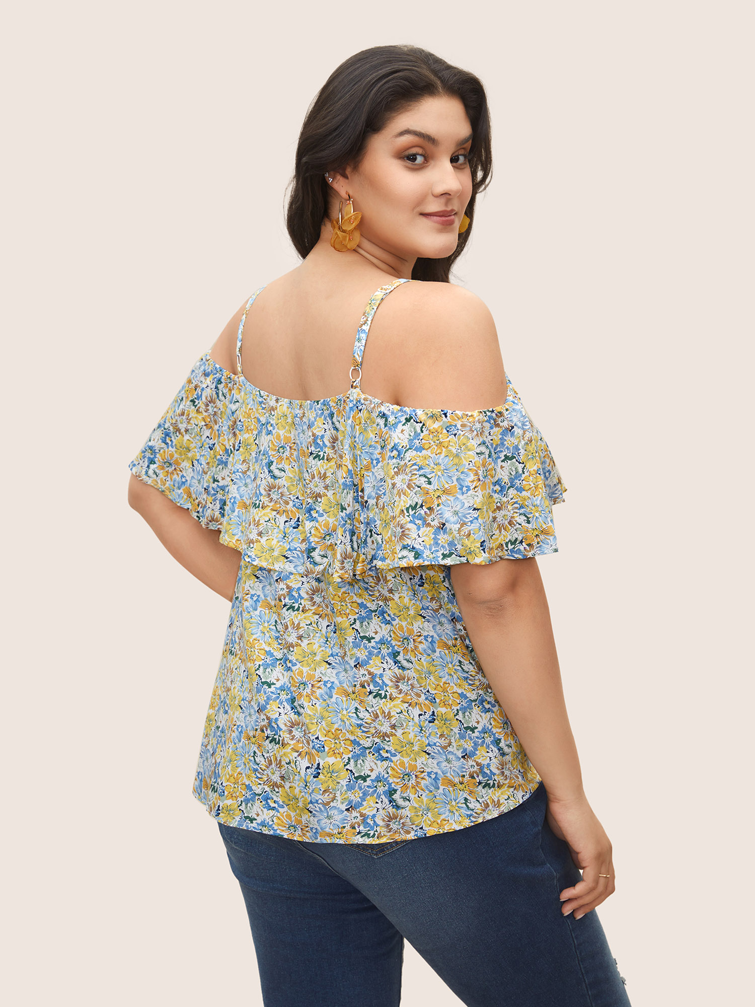 Plus Size Blue Floral One Shoulder Neck Adjustable Straps Blouse Women Resort Short sleeve One-shoulder neck Vacation Blouses BloomChic 14-16/1X 