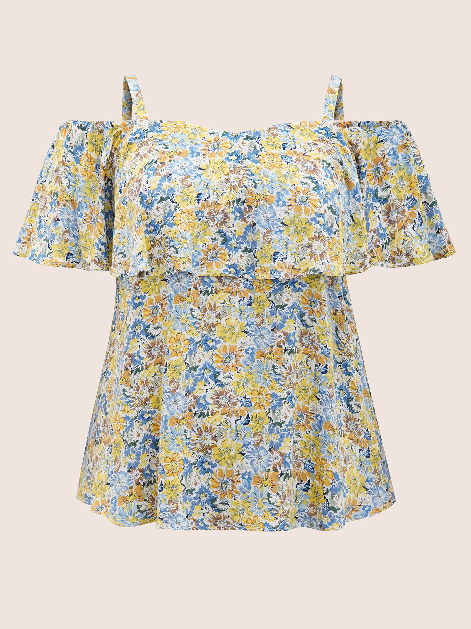 Plus Size Blue Floral One Shoulder Neck Adjustable Straps Blouse Women Resort Short sleeve One-shoulder neck Vacation Blouses BloomChic 14-16/1X 