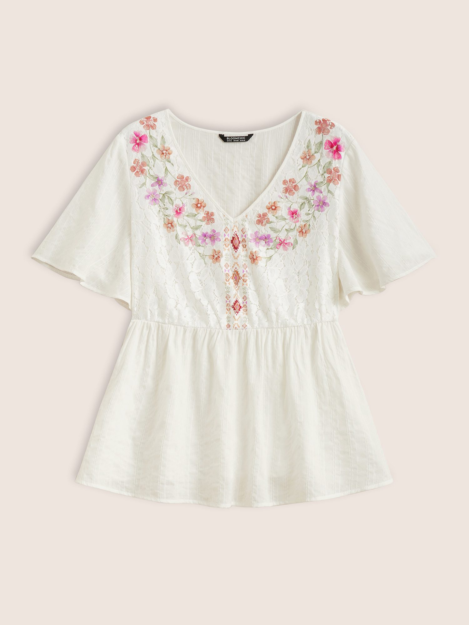 Plus Size White Floral Texture Ruffle Sleeve Gathered Blouse Women Resort Short sleeve V-neck Vacation Blouses BloomChic 14-16/1X 