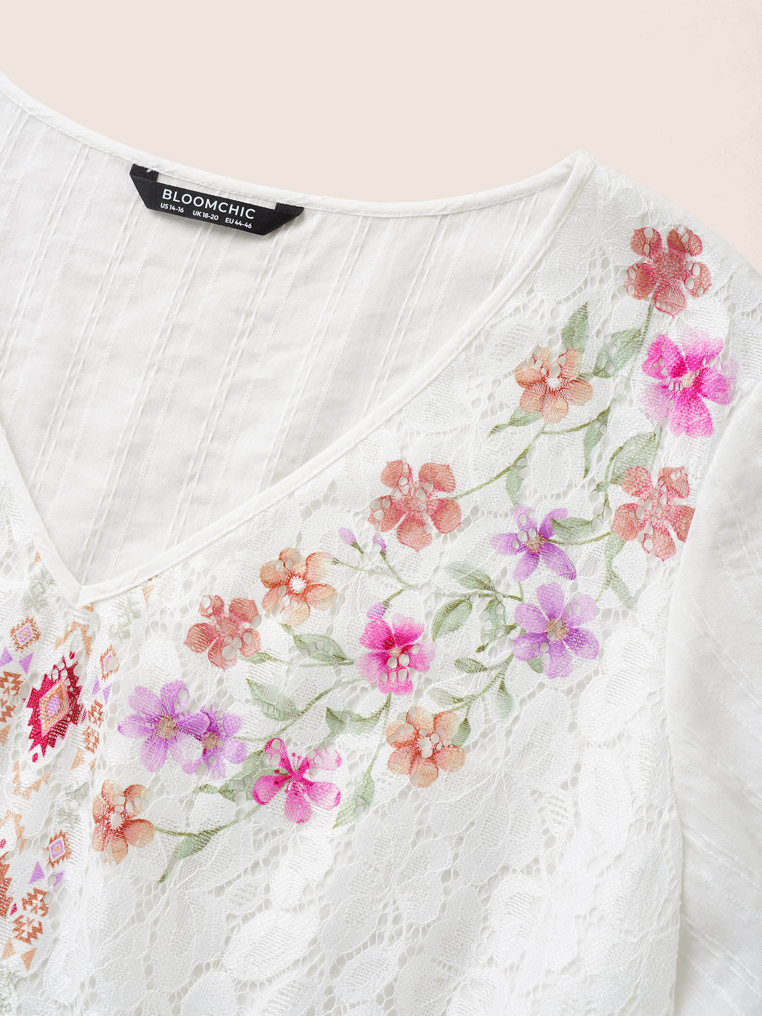 Plus Size White Floral Texture Ruffle Sleeve Gathered Blouse Women Resort Short sleeve V-neck Vacation Blouses BloomChic 14-16/1X 