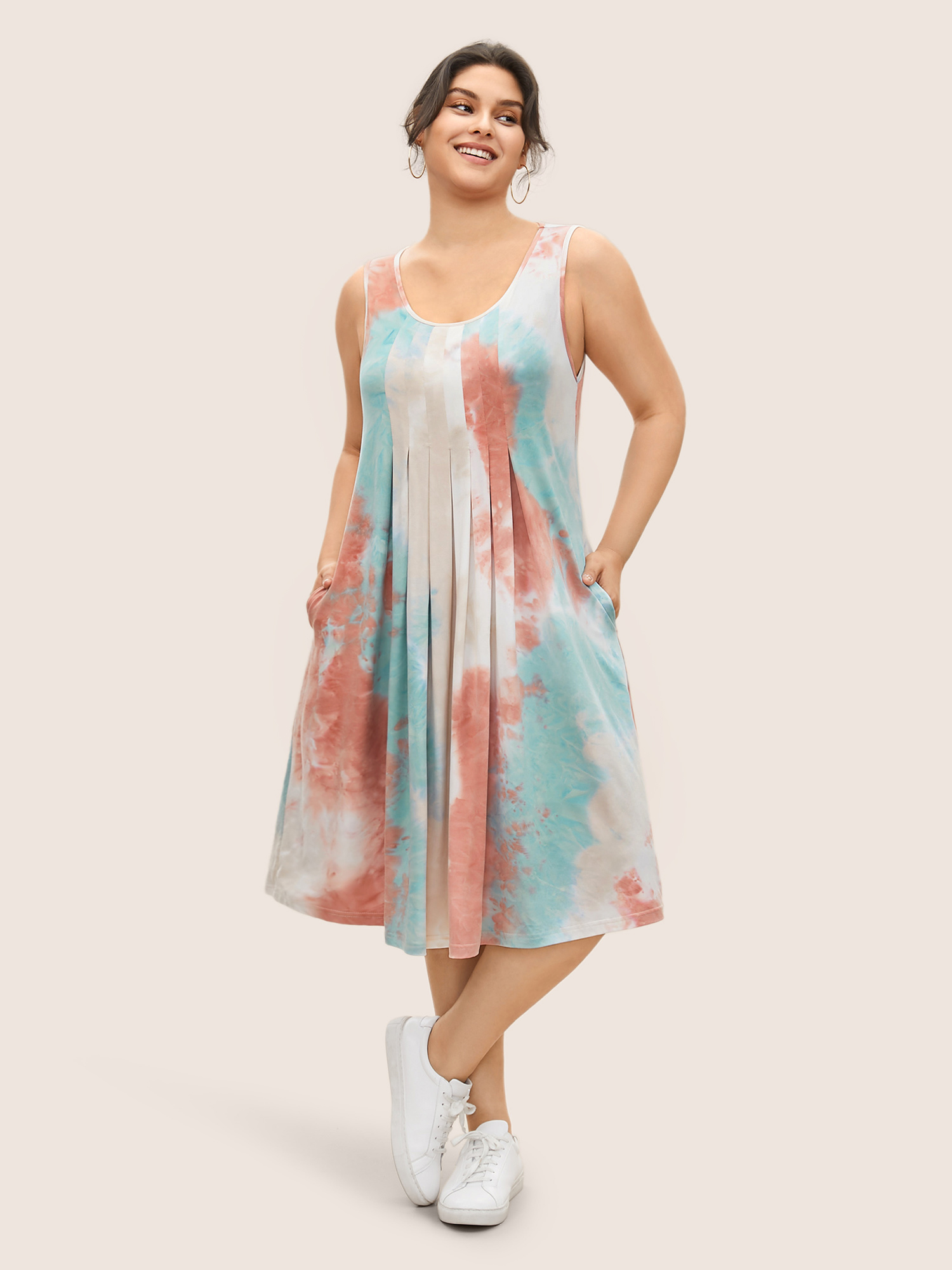 

Plus Size Tie Dye Pleated Sleeveless Pocket Dress Multicolor Women Casual Pleated Round Neck Sleeveless Curvy Midi Dress BloomChic