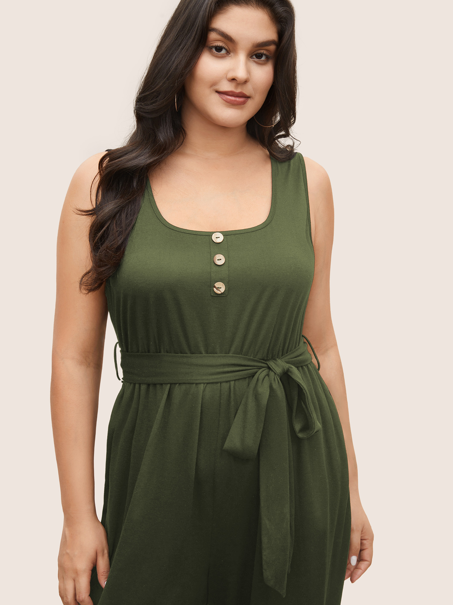 

Plus Size ArmyGreen Supersoft Essentials Plain Button Detail Belted Jumpsuit Women Casual Sleeveless Non Everyday Loose Jumpsuits BloomChic