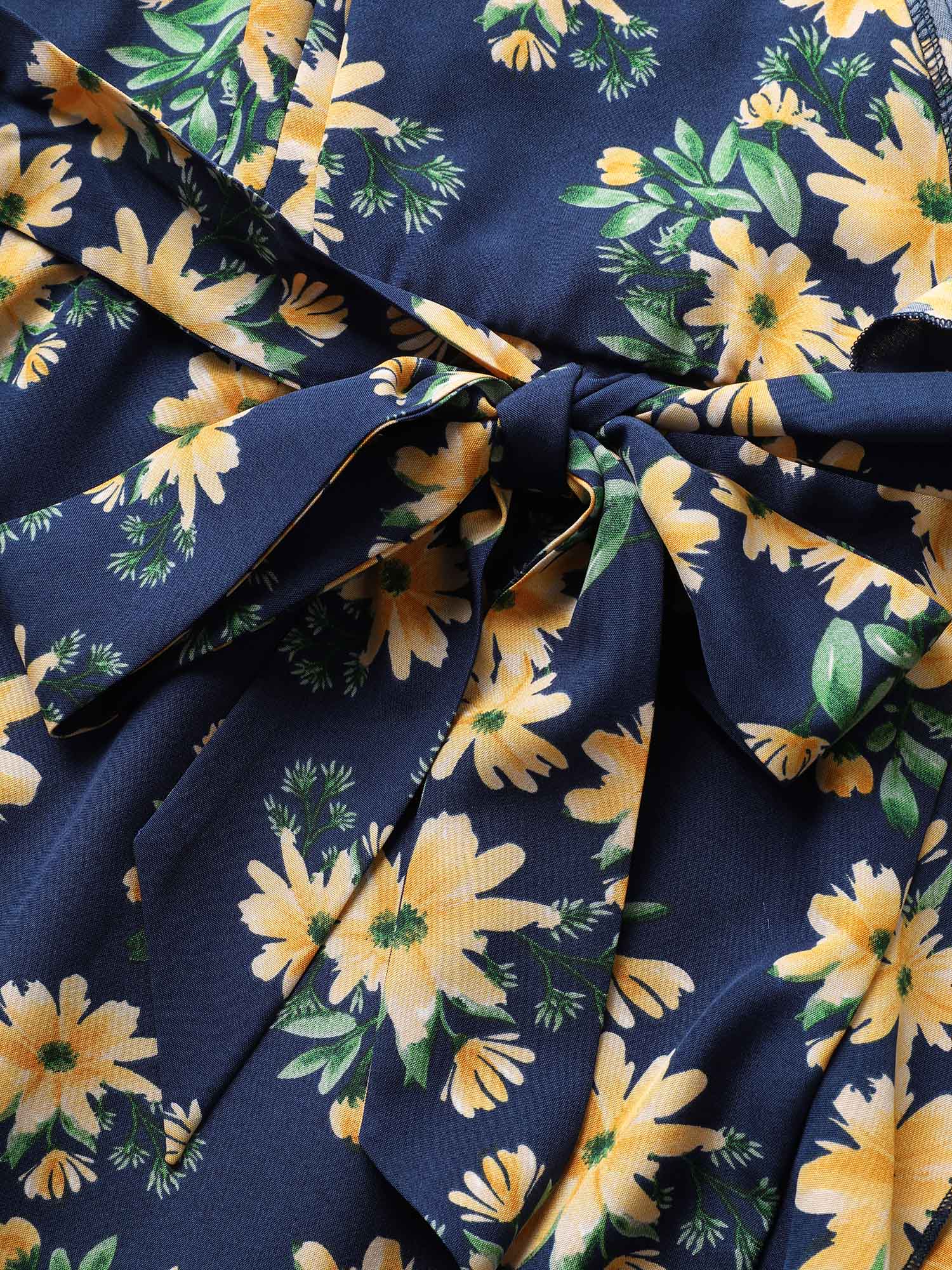 

Plus Size Floral Print Ruffle Trim Belted Cami Dress DarkBlue Women Belted Curvy Midi Dress BloomChic