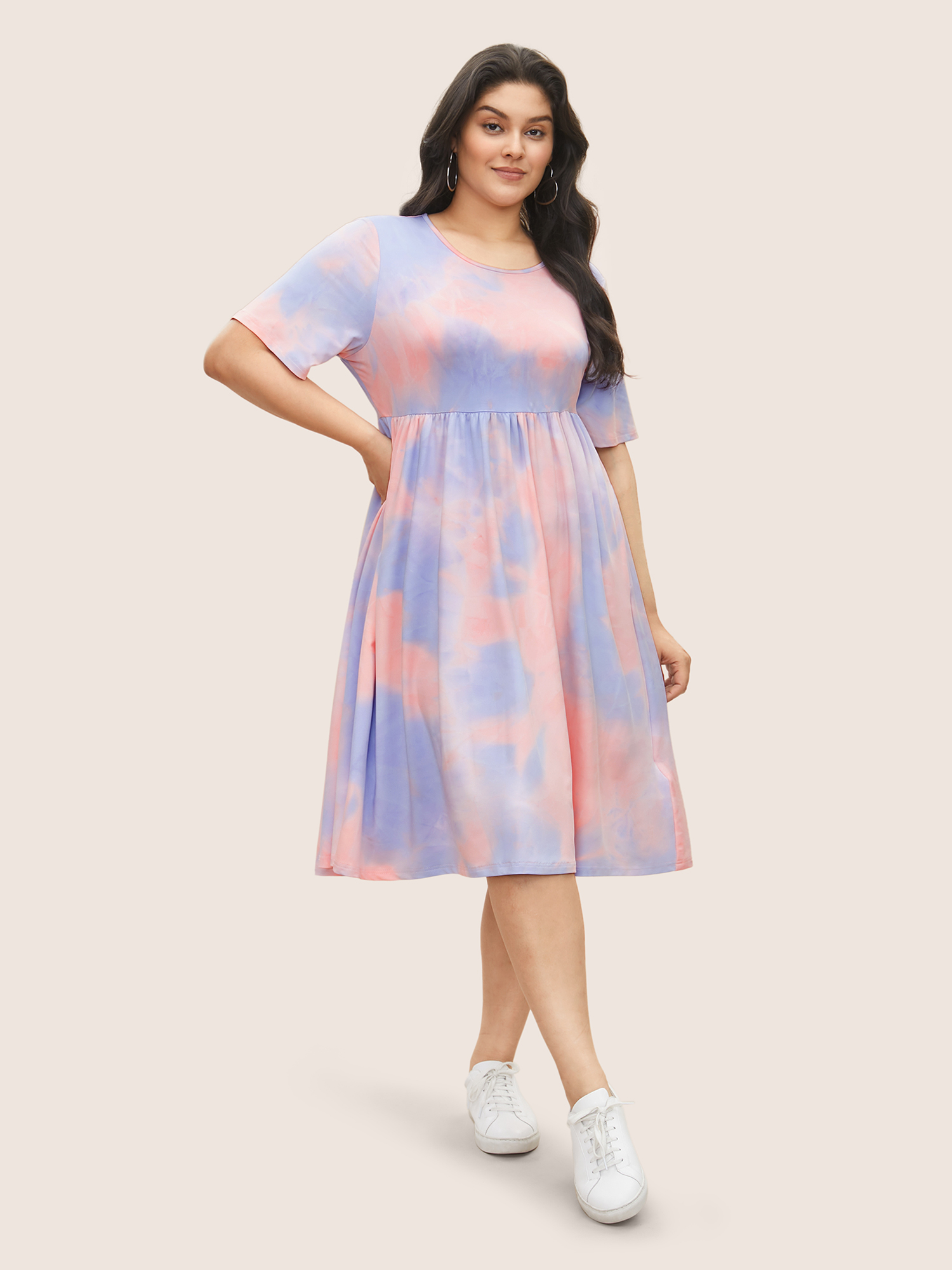 

Plus Size Tie Dye Gathered Round Neck Pocket Dress Multicolor Women Casual Gathered Round Neck Short sleeve Curvy Midi Dress BloomChic