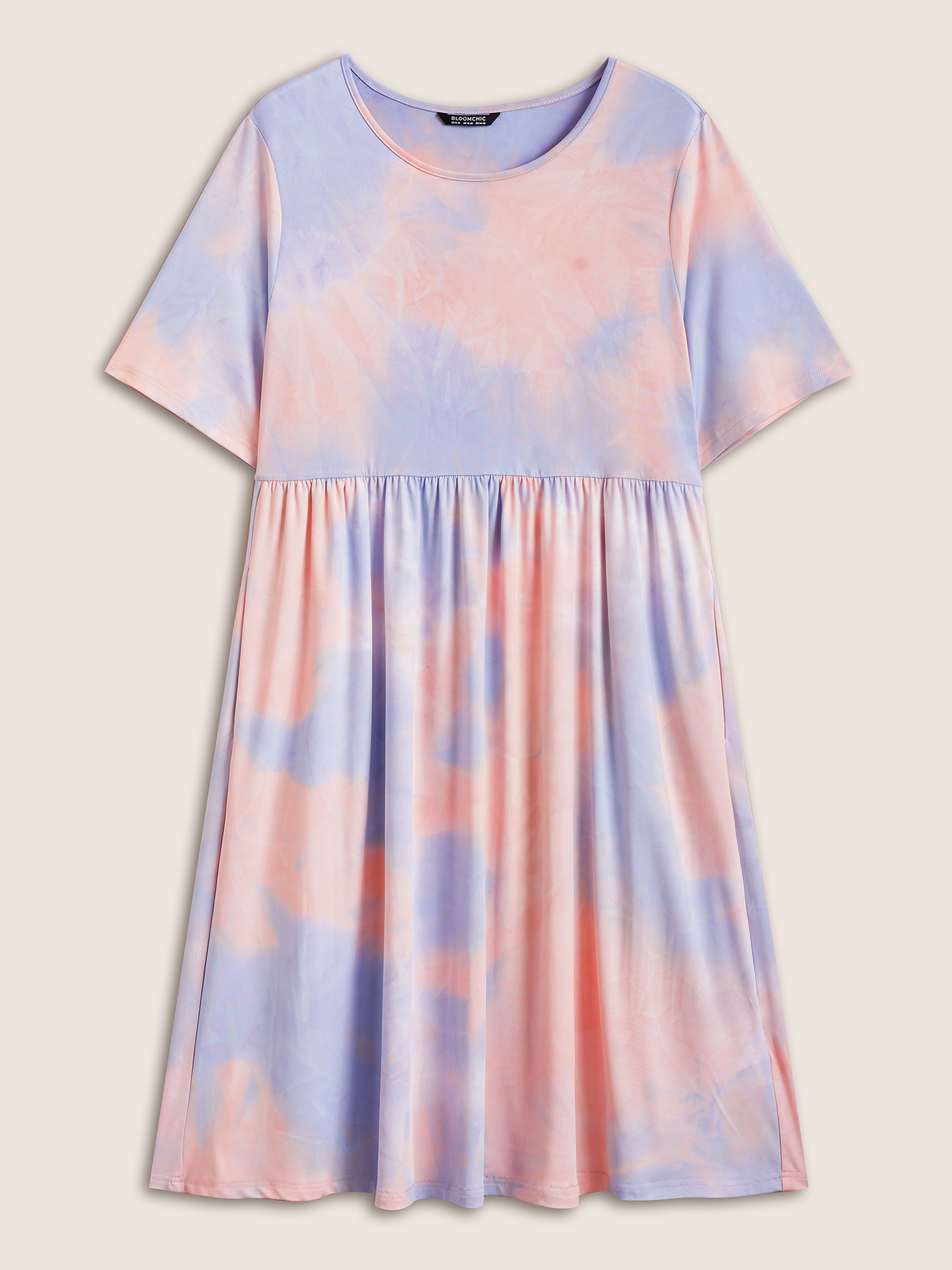 Plus Size Tie Dye Gathered Round Neck Pocket Dress Multicolor Women Gathered Curvy Midi Dress BloomChic 18-20/2X 