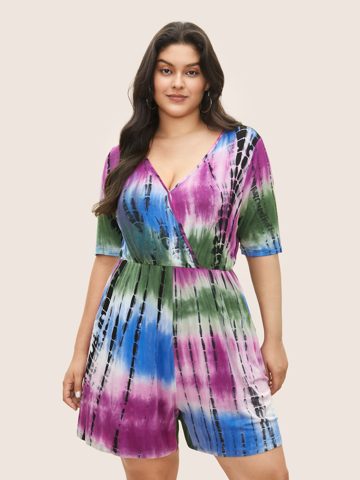 

Plus Size Tie Dye Surplice Neck Pocket Romper DarkViolet Side seam pocket Casual Everyday  Rompers Bloomchic