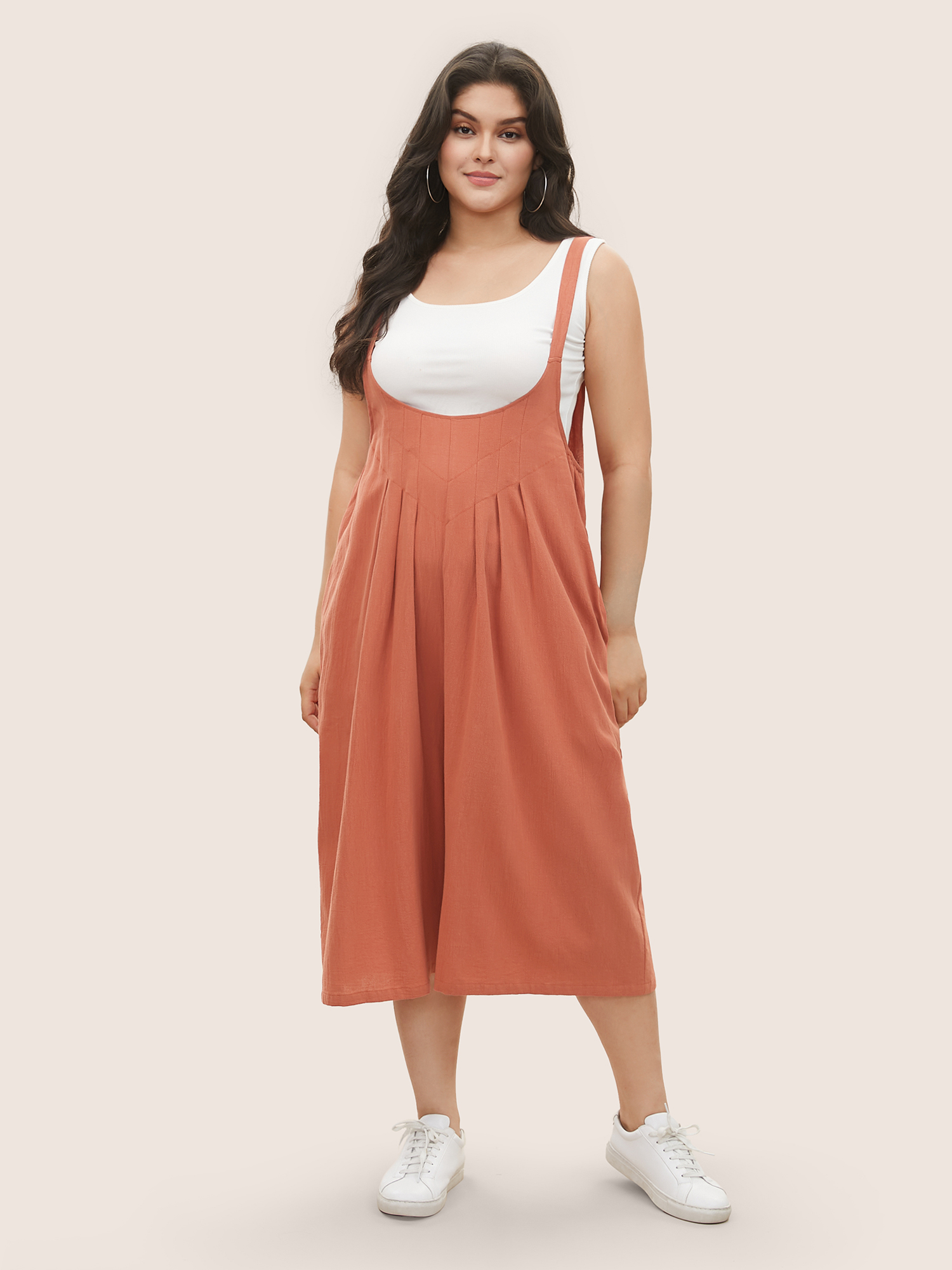 Plus Size Rust Solid Texture Pleated Adjustable Straps Jumpsuit Women Casual Everyday Loose Jumpsuits BloomChic 22-24/3X 