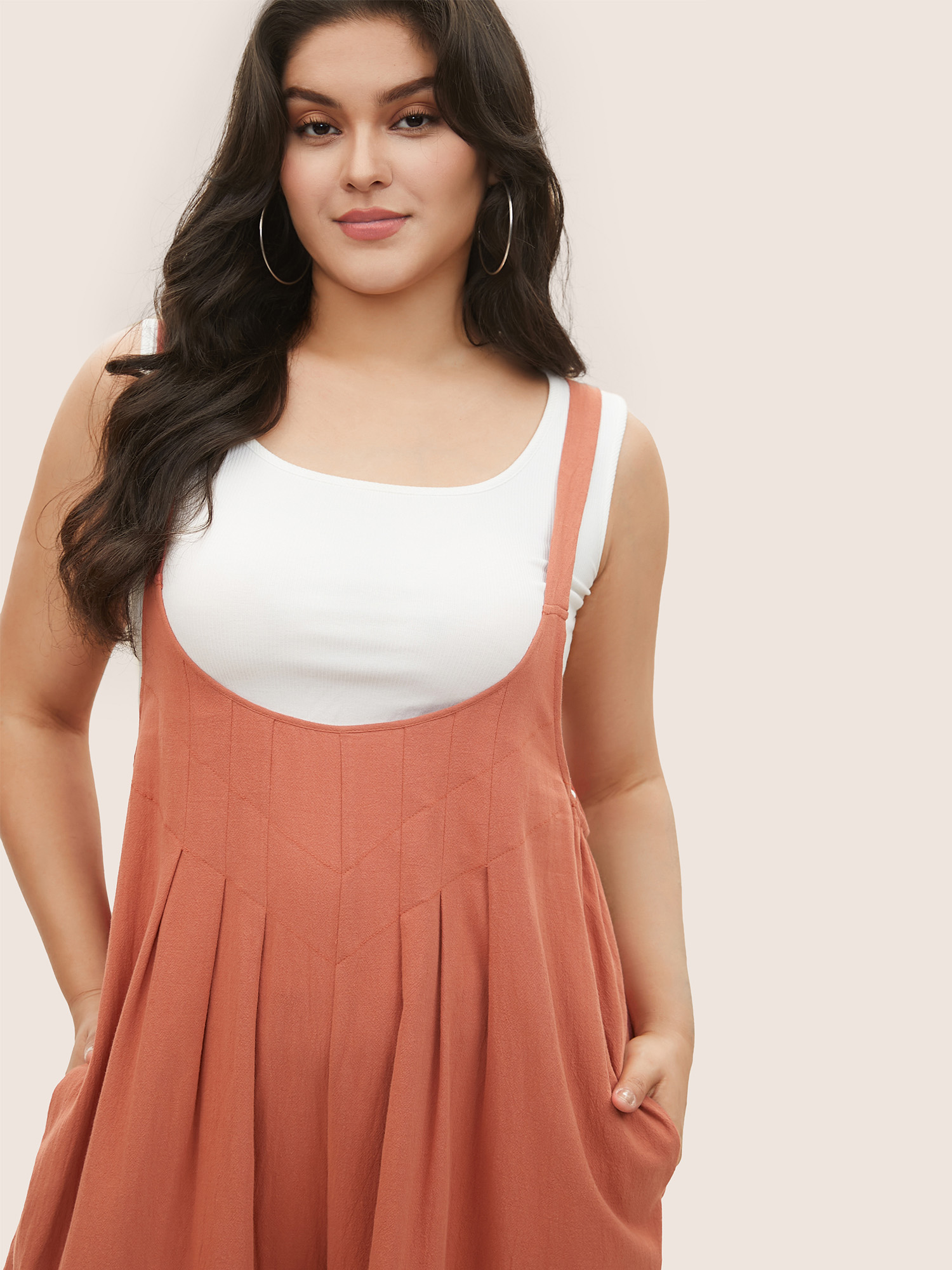 Plus Size Rust Solid Texture Pleated Adjustable Straps Jumpsuit Women Casual Everyday Loose Jumpsuits BloomChic 22-24/3X 