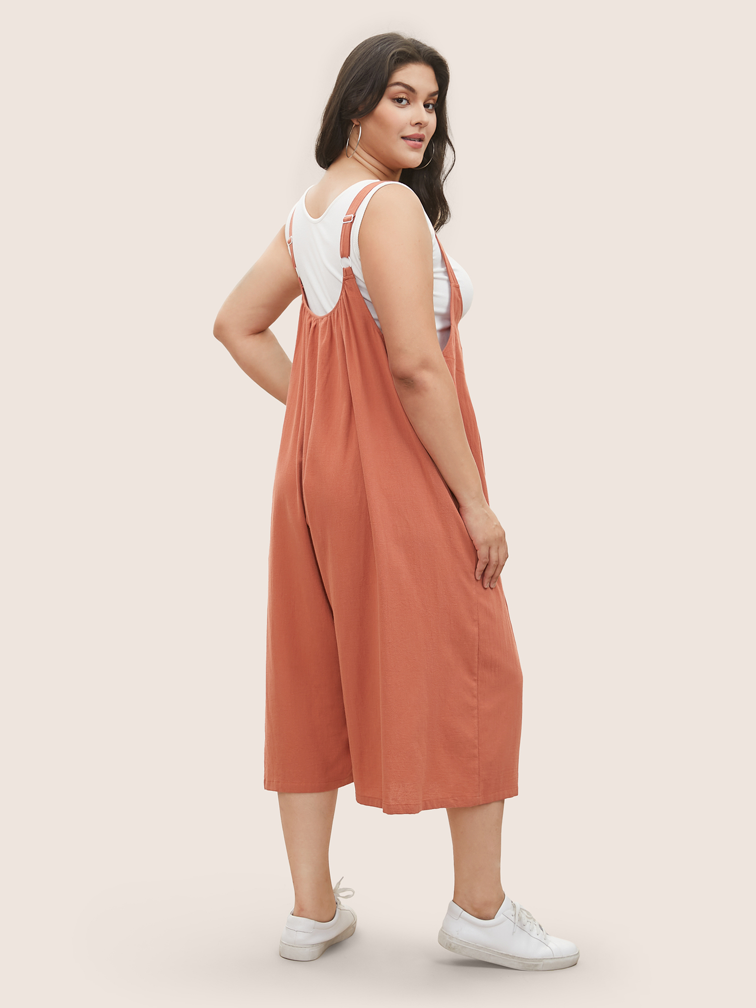 Plus Size Rust Solid Texture Pleated Adjustable Straps Jumpsuit Women Casual Everyday Loose Jumpsuits BloomChic 22-24/3X 