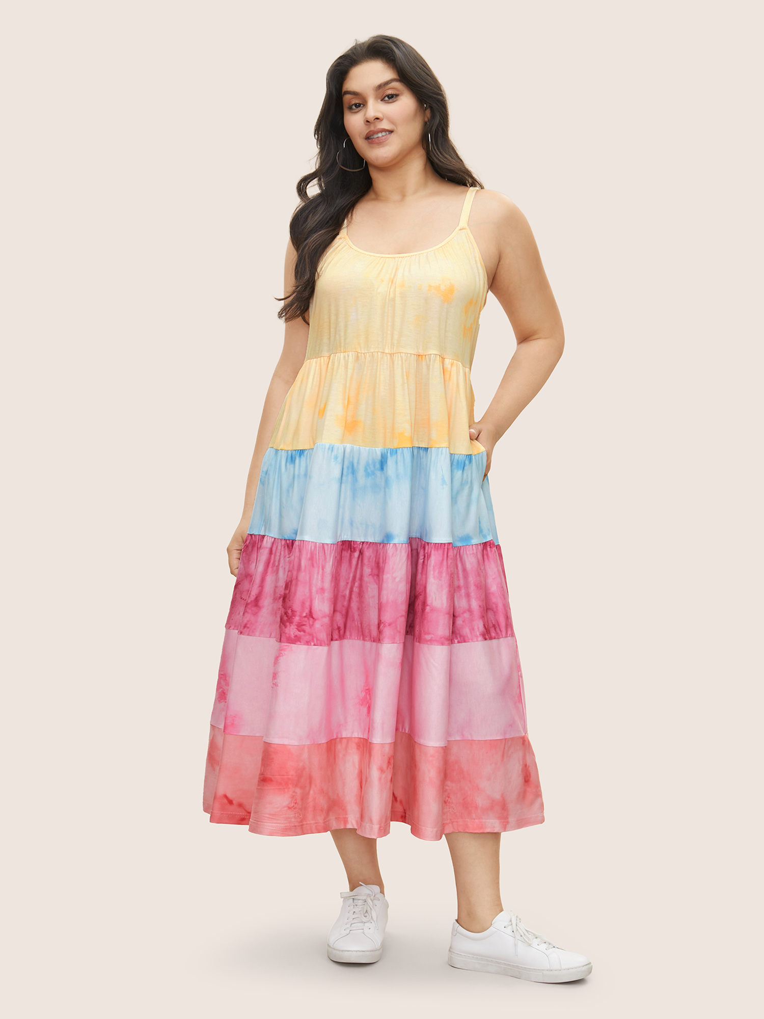 

Plus Size Tie Dye Contrast Ruffle Layered Hem Dress Multicolor Women Casual Gathered Non Sleeveless Curvy Midi Dress BloomChic