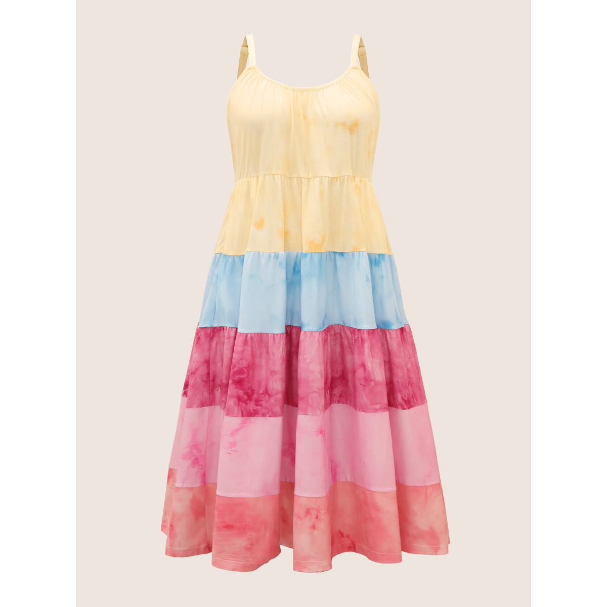 

Plus Size Tie Dye Contrast Ruffle Layered Hem Dress Multicolor Women Gathered Curvy Midi Dress BloomChic