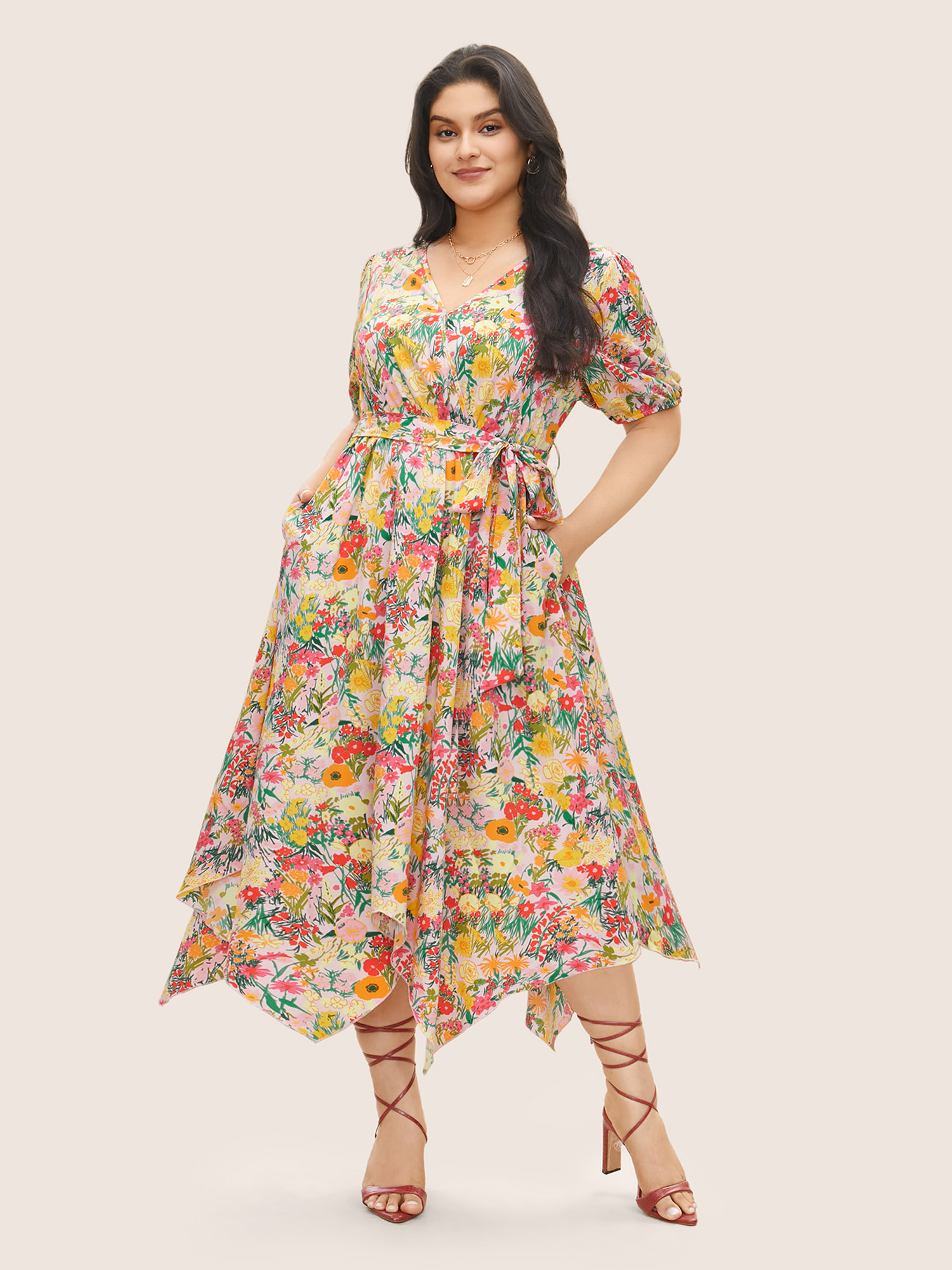 

Plus Size Floral Overlap Collar Belted Asymmetrical Hem Dress MistyRose Women Elegant Overlapping V-neck Short sleeve Curvy Midi Dress BloomChic