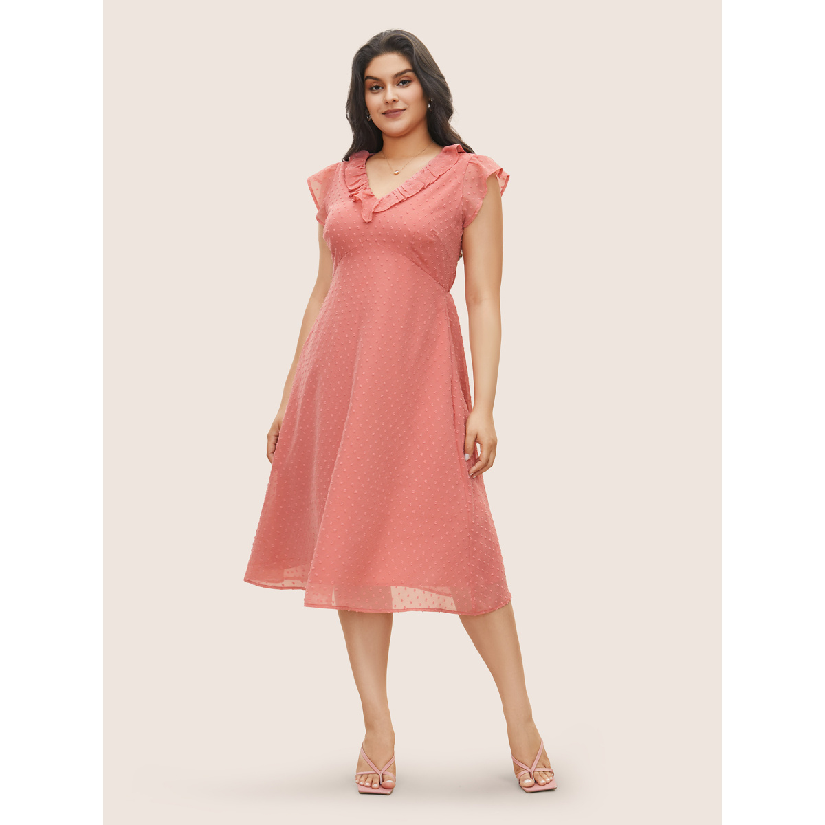 

Plus Size Chiffon Plisse Ruffle Cap Sleeve Dress Watermelon Women Texture Curvy Midi Dress BloomChic