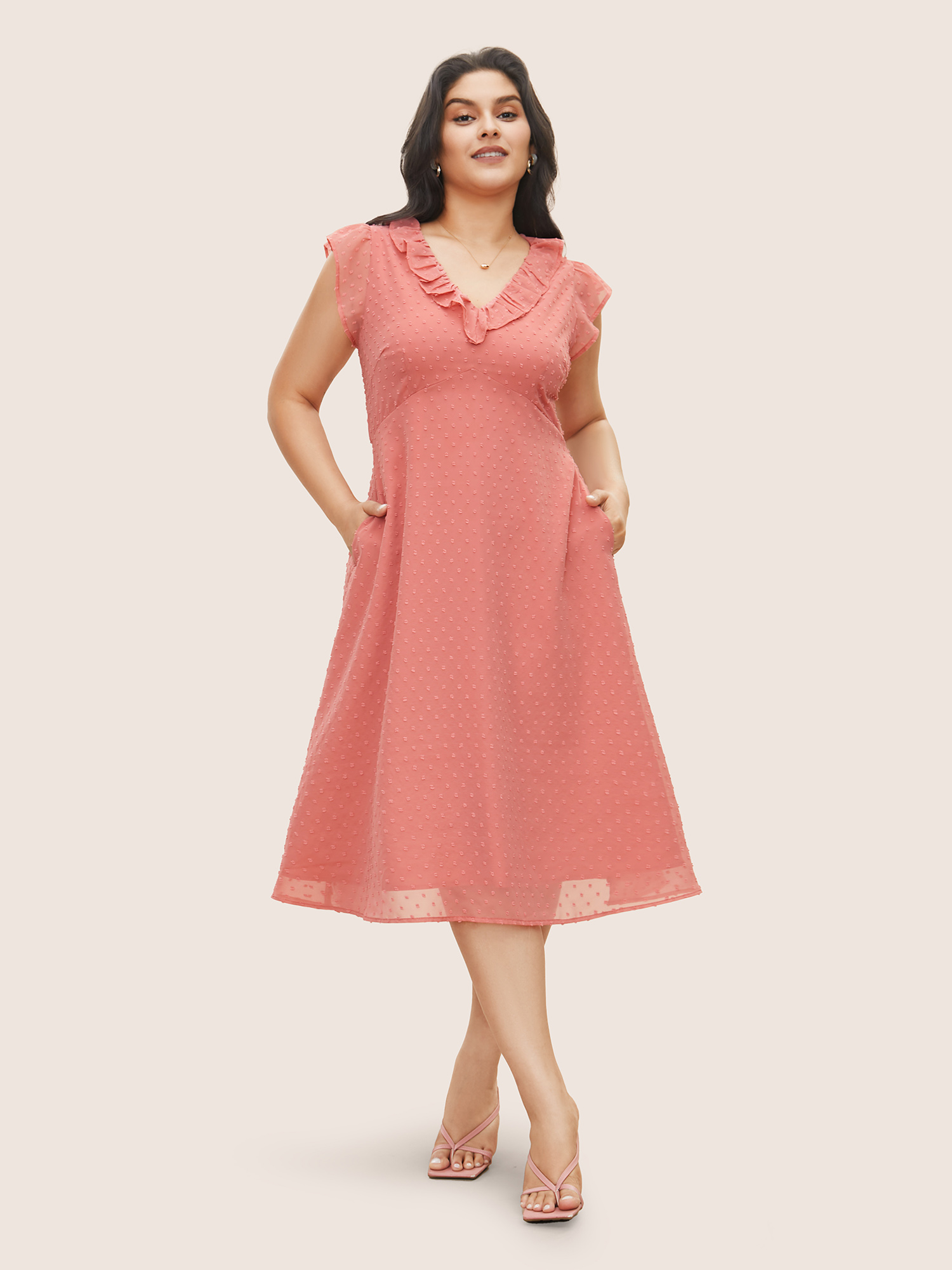 Plus Size Chiffon Plisse Ruffle Cap Sleeve Dress Watermelon Women Texture Curvy Midi Dress BloomChic 14-16/1X 