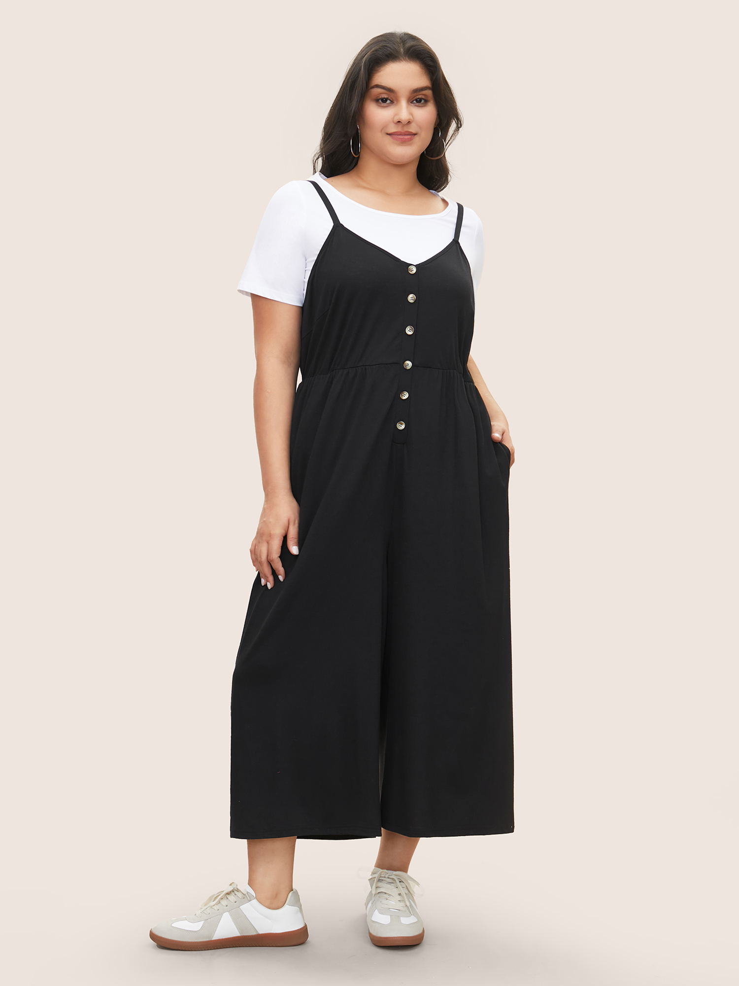 

Plus Size Black Solid Button Detail Gathered Jumpsuit Women Casual Sleeveless Non Everyday Loose Jumpsuits BloomChic