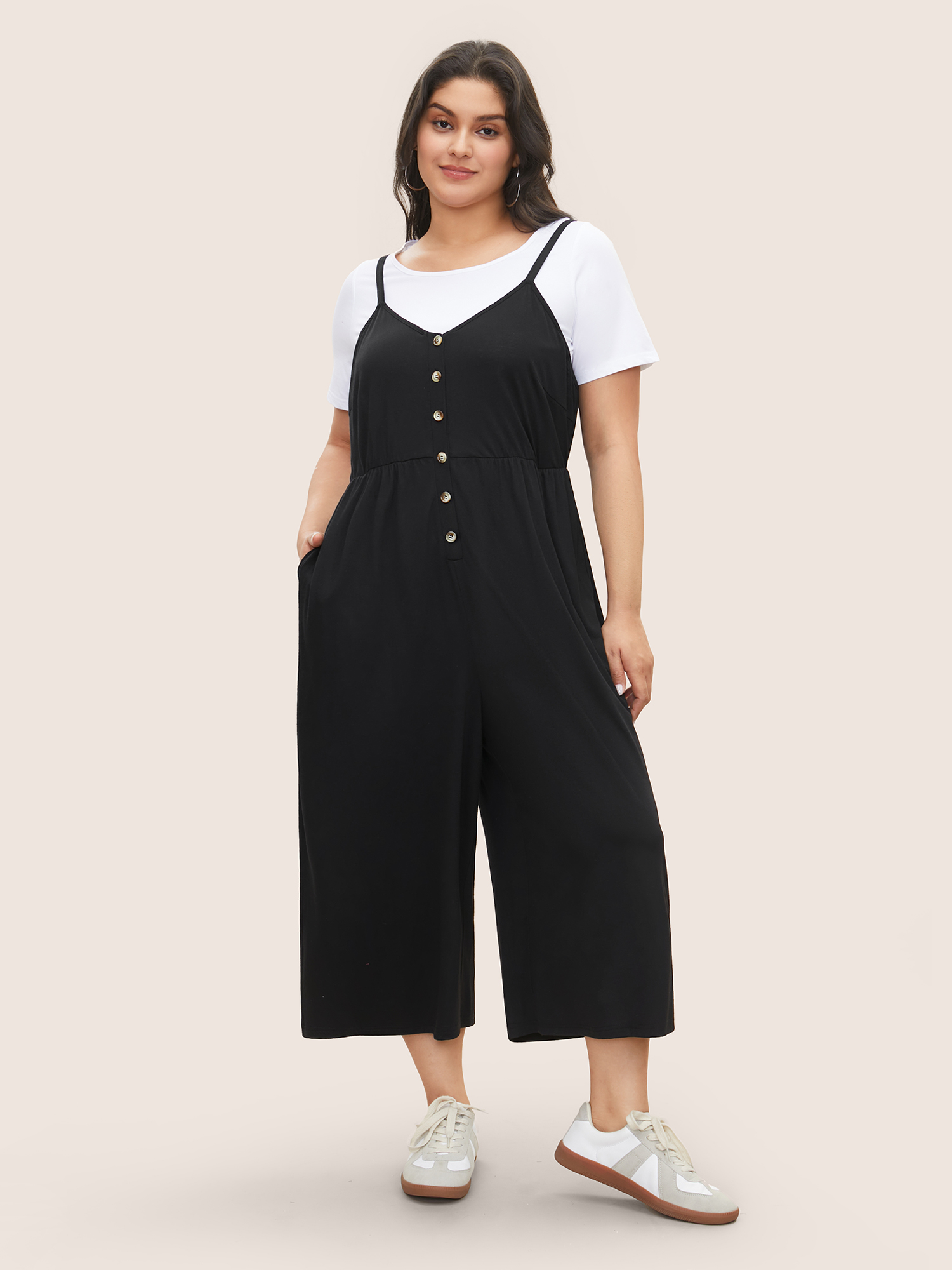 

Plus Size Black Solid Button Detail Gathered Jumpsuit Women Casual Sleeveless Non Everyday Loose Jumpsuits BloomChic