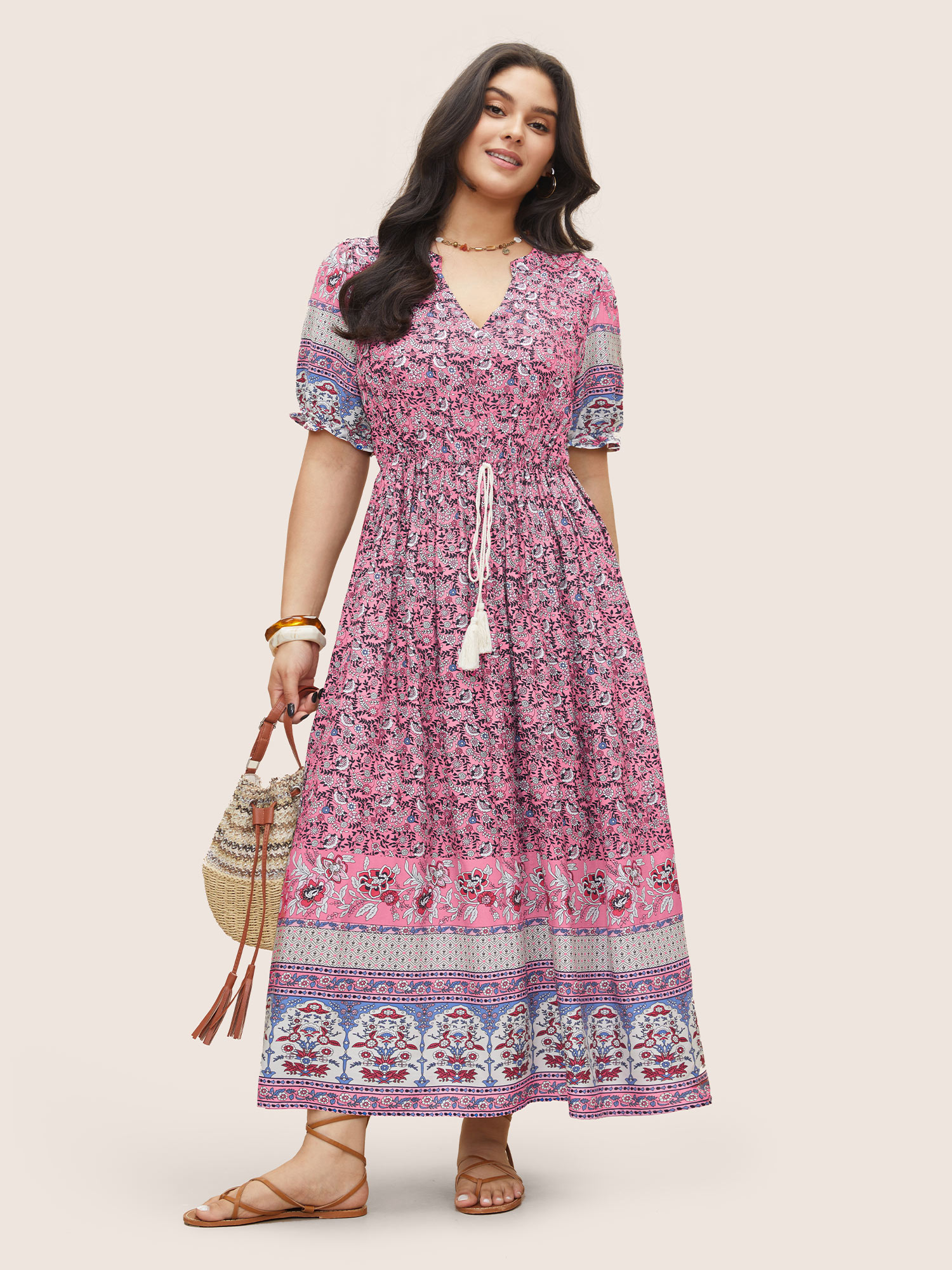 

Plus Size Boho Print Notched Ties Tassel Trim Dress Pink Women Resort Non Notched collar Short sleeve Curvy BloomChic