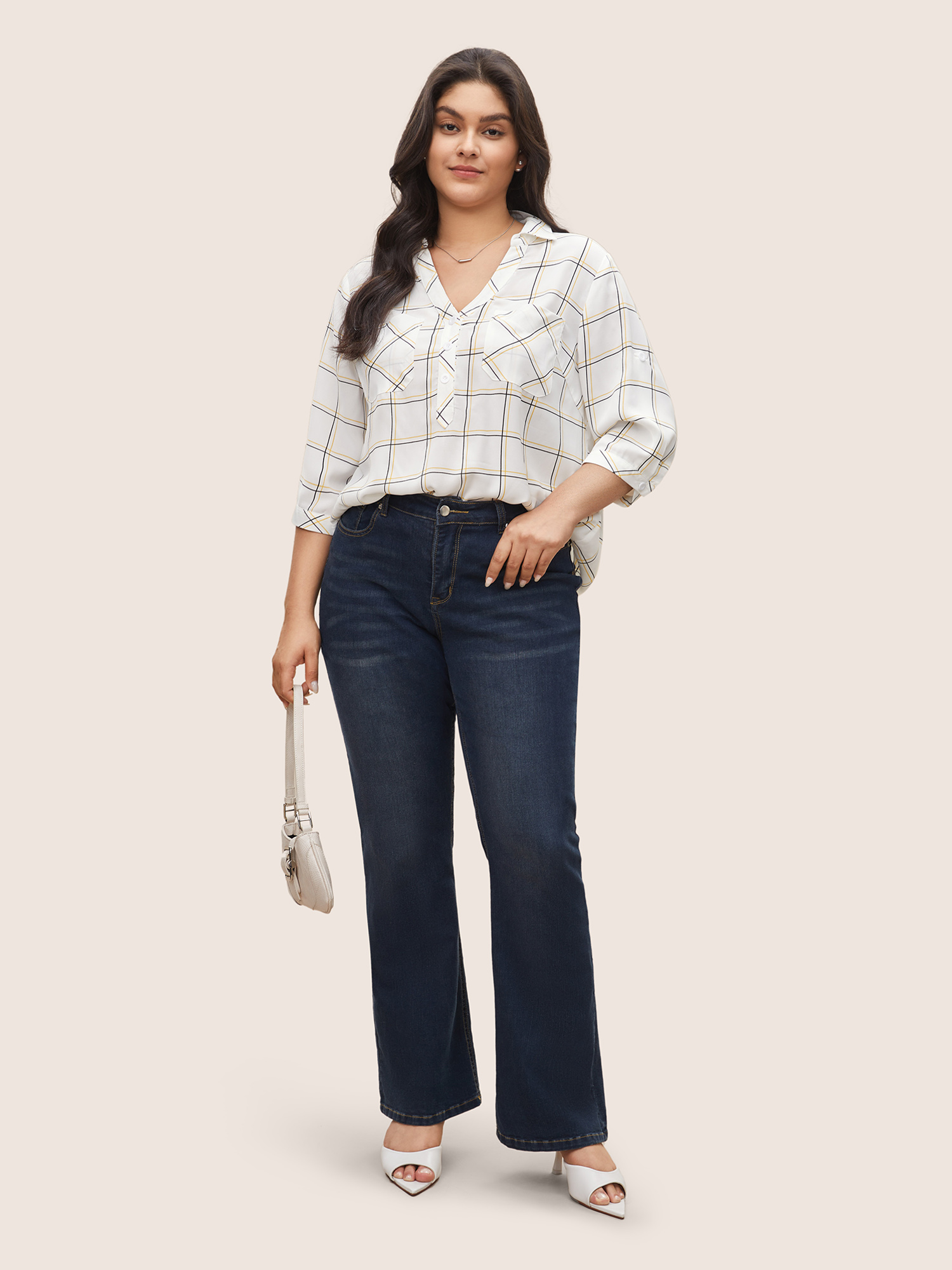 

Plus Size White Plaid Shirt Collar Button Cuff Sleeve Blouse Women Work From Home Long Sleeve Shirt collar Work Blouses BloomChic