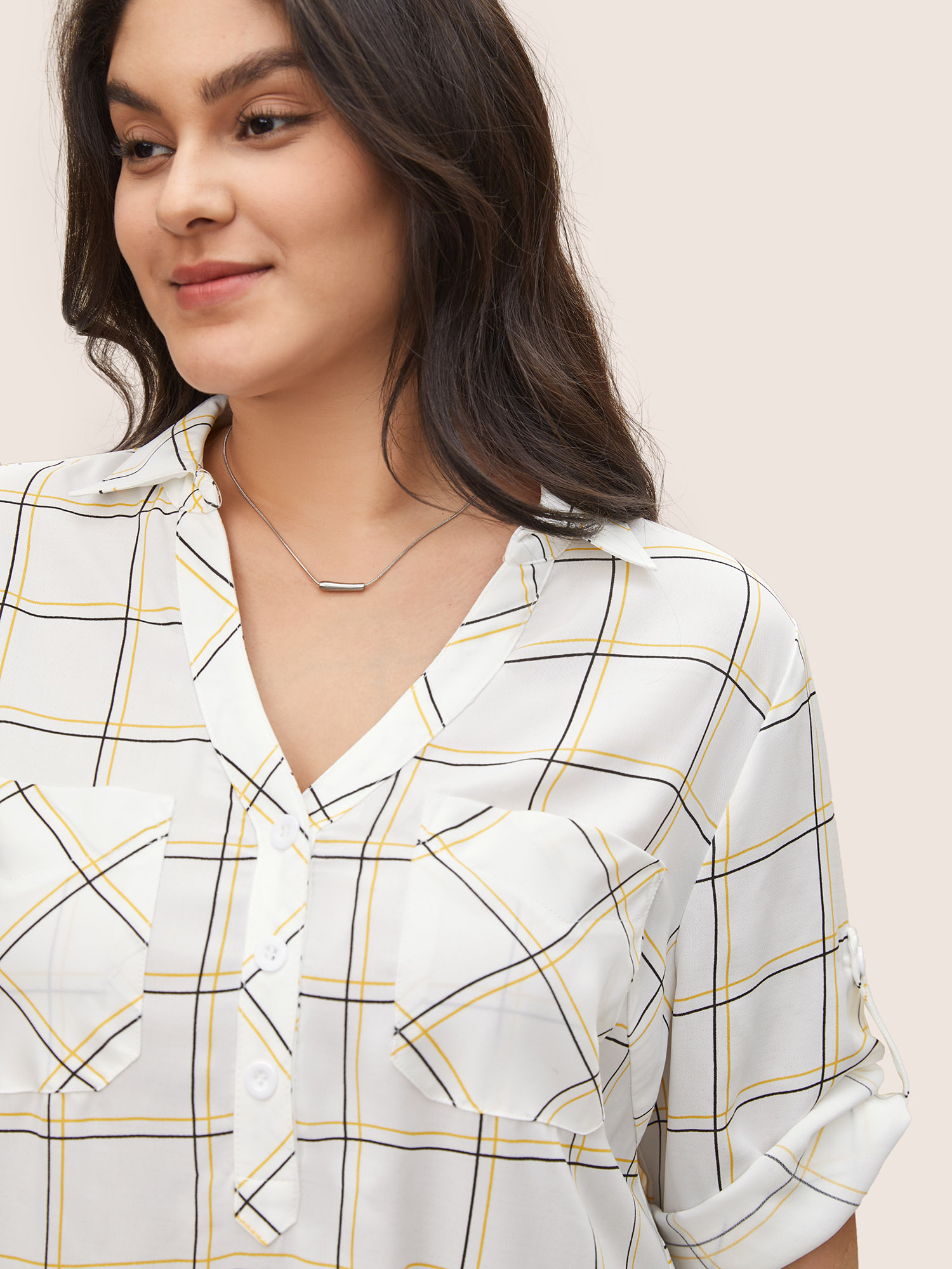 Plus Size White Plaid Shirt Collar Button Cuff Sleeve Blouse Women Work From Home Long Sleeve Shirt collar Work Blouses BloomChic 22-24/3X 