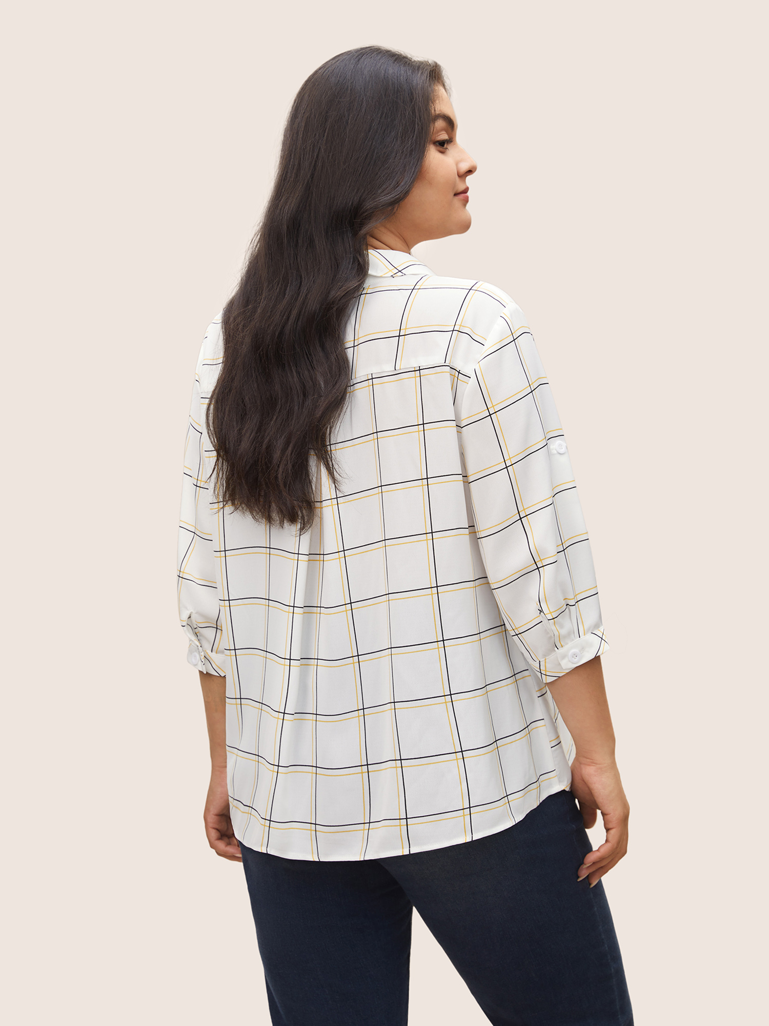 Plus Size White Plaid Shirt Collar Button Cuff Sleeve Blouse Women Work From Home Long Sleeve Shirt collar Work Blouses BloomChic 22-24/3X 