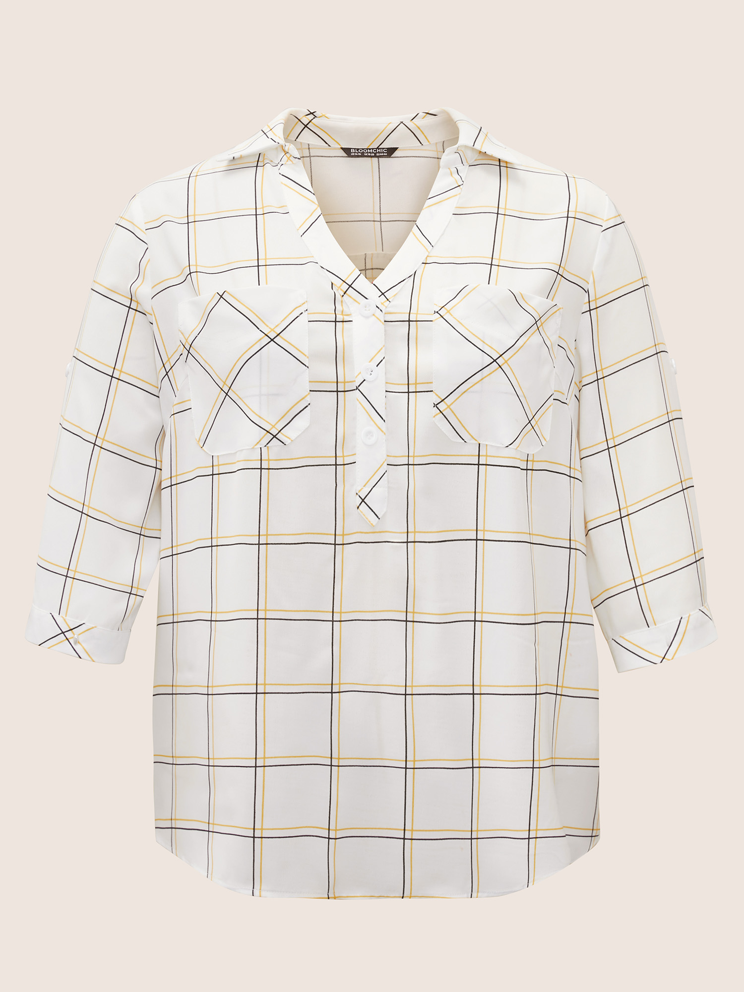 Plus Size White Plaid Shirt Collar Button Cuff Sleeve Blouse Women Work From Home Long Sleeve Shirt collar Work Blouses BloomChic 22-24/3X 