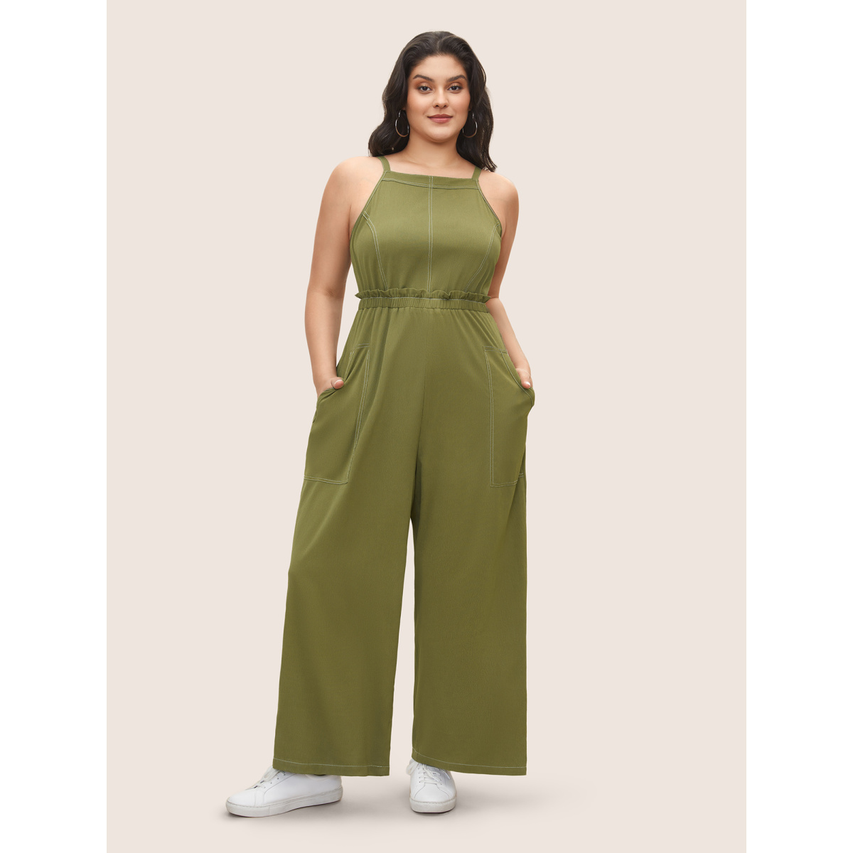 

Plus Size ArmyGreen Plain Tucked Seam Frill Trim Jumpsuit Women Casual Everyday Loose Jumpsuits BloomChic