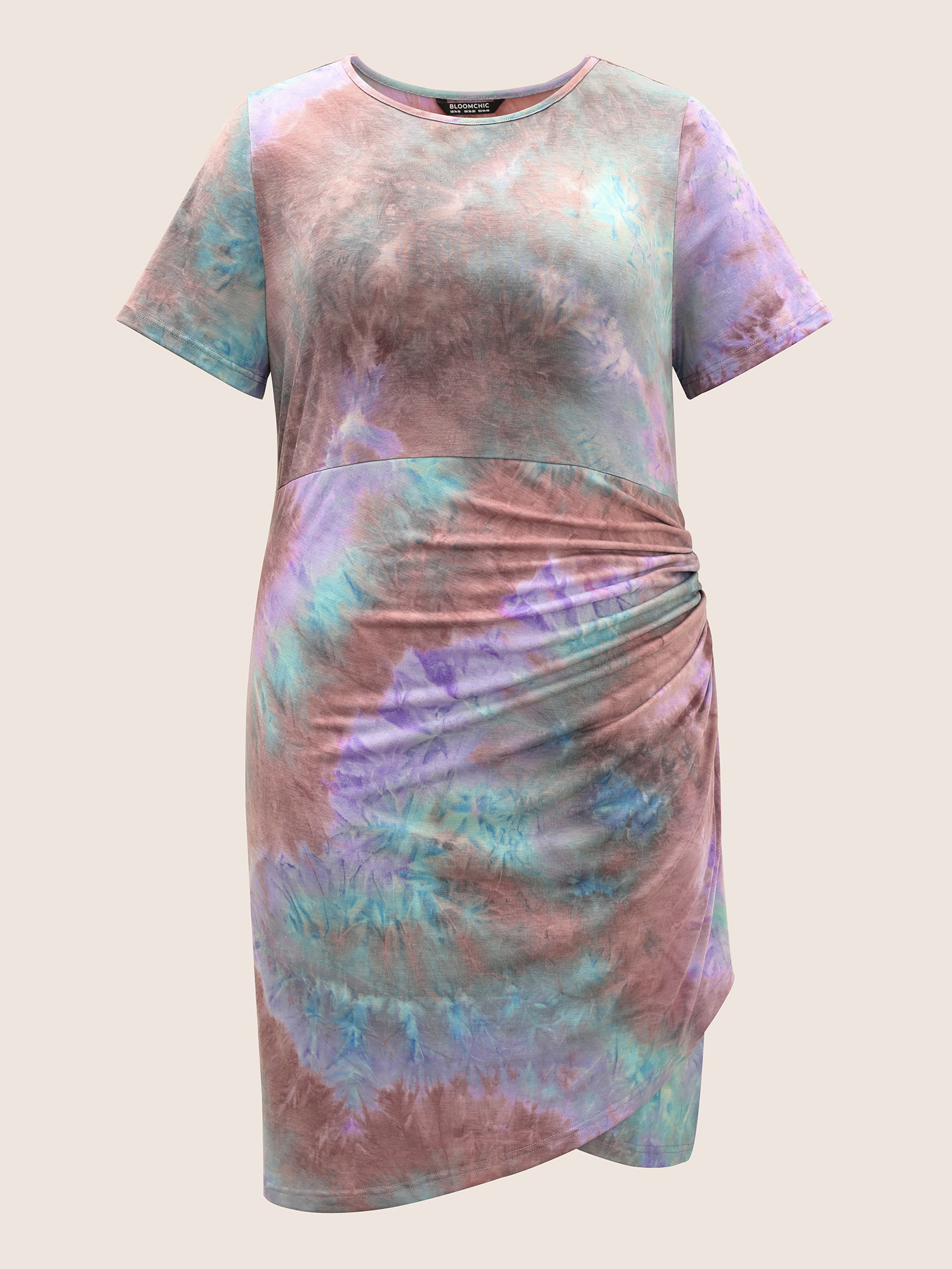 Plus Size Tie Dye Ruched Round Neck Dress Multicolor Women Gathered Round Neck Short sleeve Curvy Knee Dress BloomChic 26/4X 