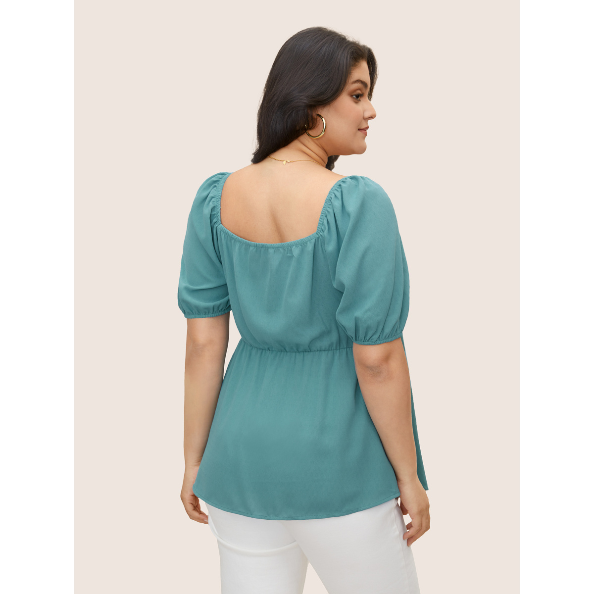 

Plus Size Turquoise Solid Shirred Button Detail Frill Trim Blouse Women Elegant Short sleeve Square Neck Everyday Blouses BloomChic