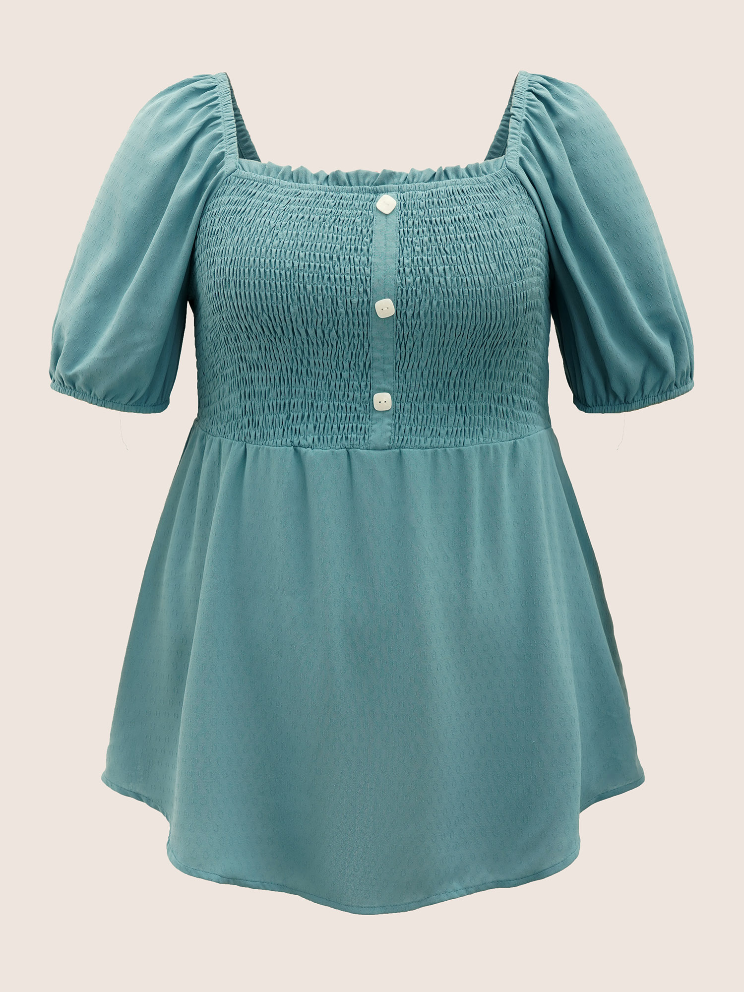 

Plus Size Turquoise Solid Shirred Button Detail Frill Trim Blouse Women Elegant Short sleeve Square Neck Everyday Blouses BloomChic