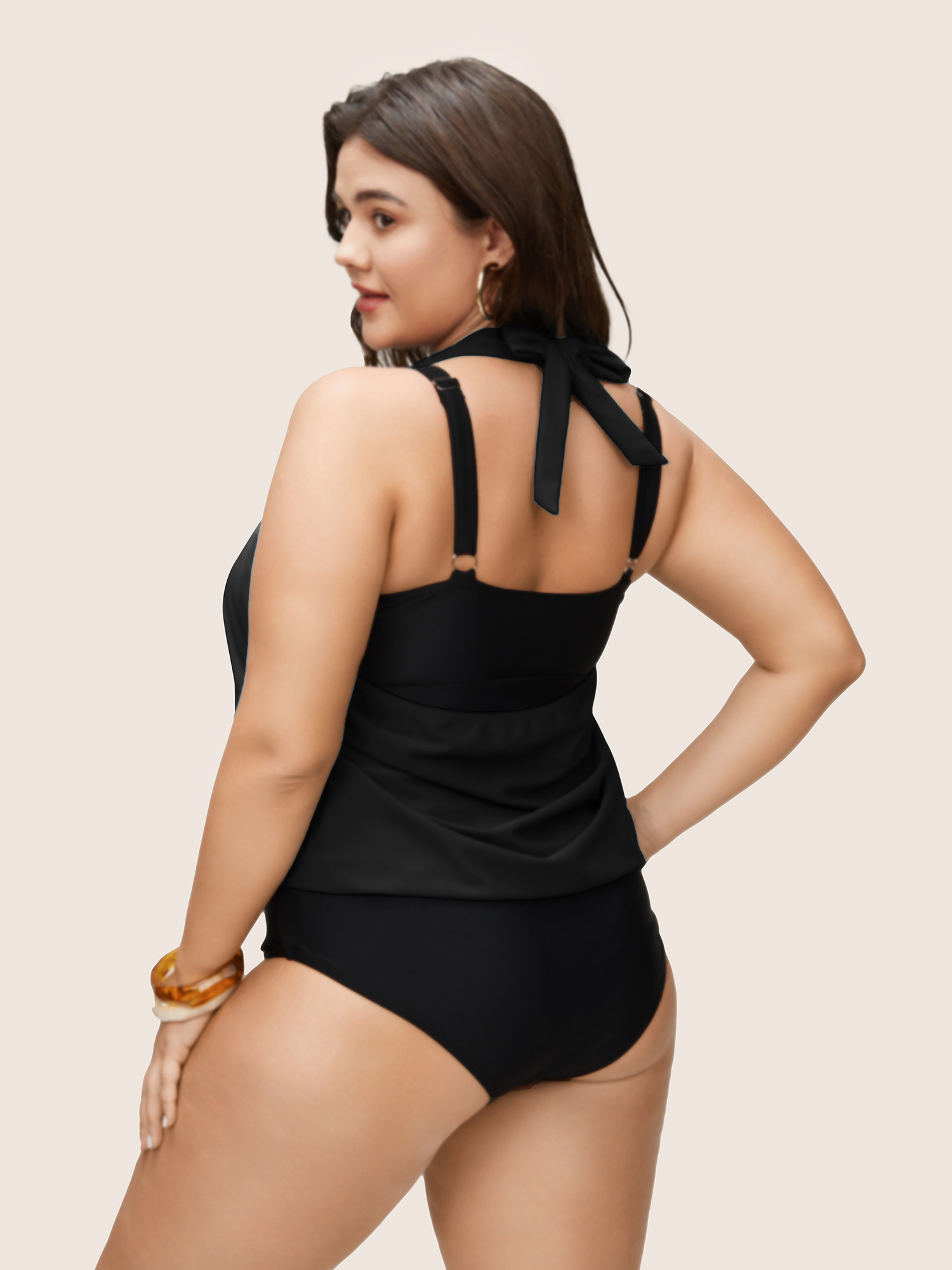 Plus Size Contrast Halter Bowknot Patchwork One Piece Swimsuit Women`s Swimwear Black Beach Non Curve Bathing Suits High stretch One Pieces BloomChic 10/M 
