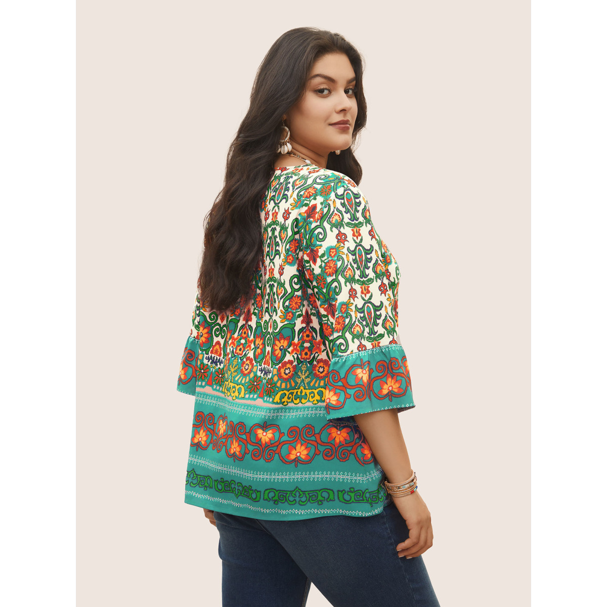 

Plus Size Teal Boho Print Lace Up Bell Sleeve Blouse Women Resort Half Sleeve V-neck Vacation Blouses BloomChic