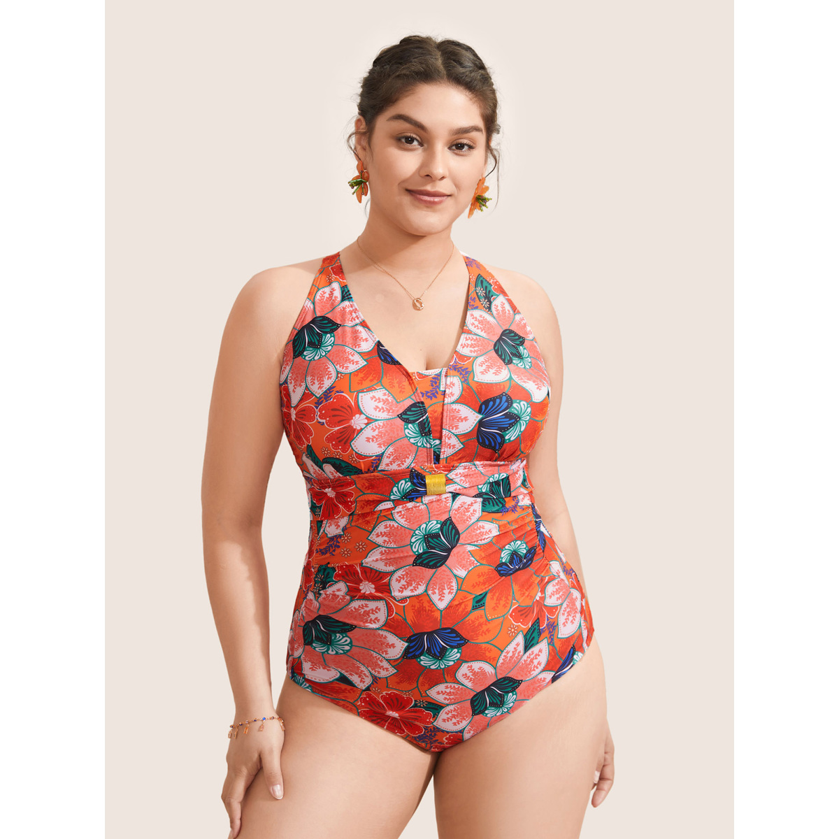 

Plus Size Floral Ruched Crisscross Buckle Detail One Piece Swimsuit Women's Swimwear Multicolor Beach Gathered Curve Bathing Suits High stretch One Pieces BloomChic
