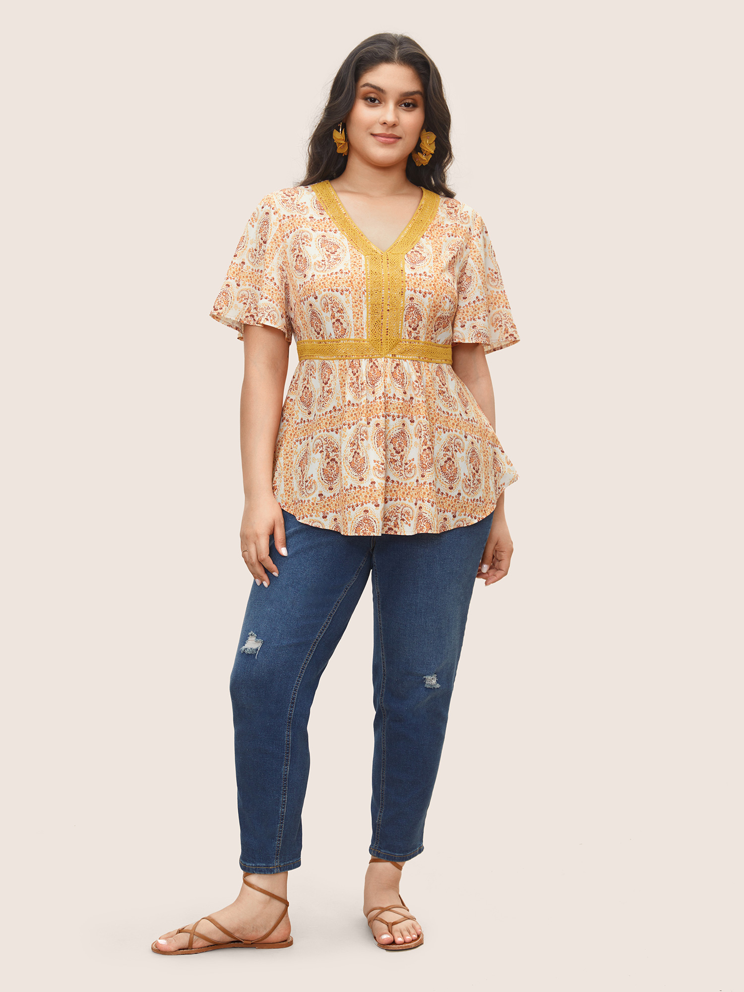 

Plus Size Orange Boho Print Lace Trim Gathered Blouse Women Resort Short sleeve V-neck Vacation Blouses BloomChic